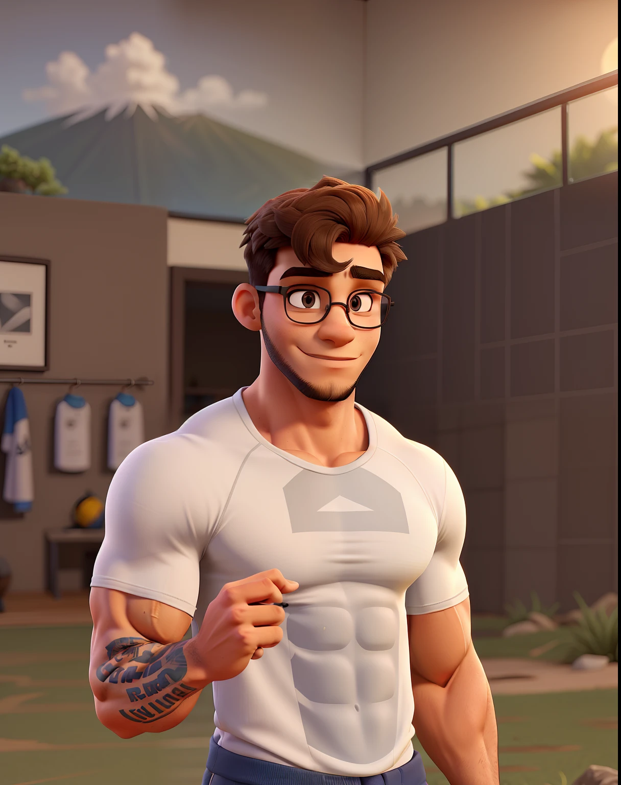 Um homem musculoso na academia de cabelo branco, com alguns halteres