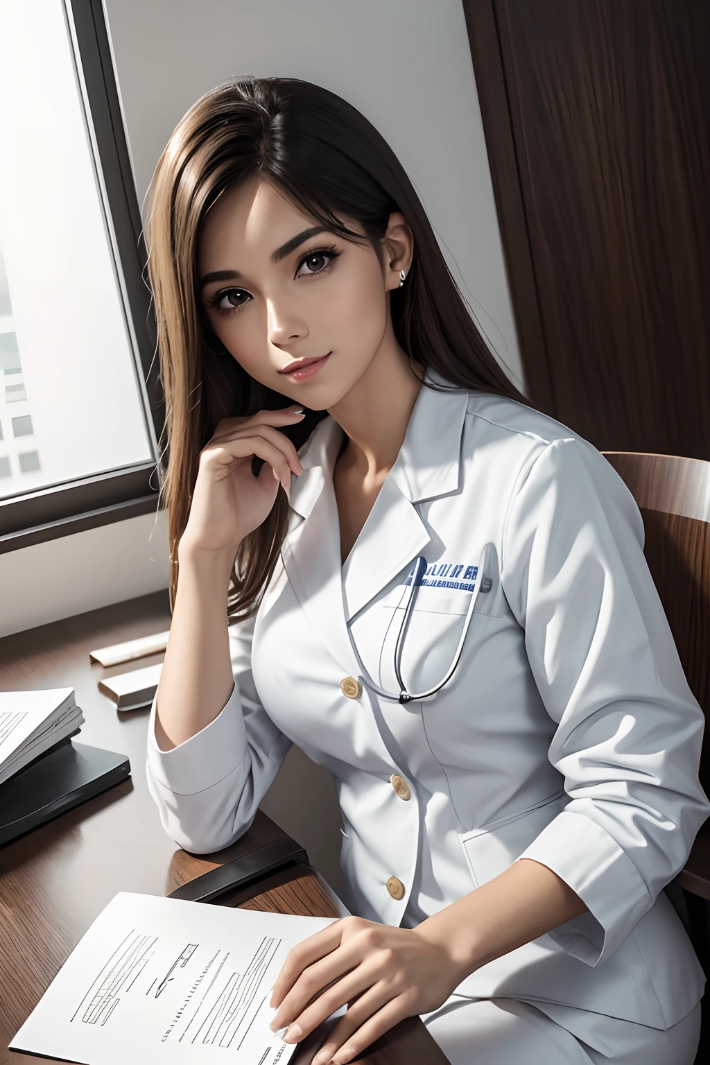 Mulher de jaleco branco sentada em uma mesa, foto de uma mulher de 50 anos de idade, sitting at desk, wearing a medical suit, foto corporativa, retrato profissional hd, wearing white doctors suit, sentada em uma mesa, uma foto de uma mulher, foto de perfil profissional, sitting behind desk, with medium length and straight hair, non-sensual