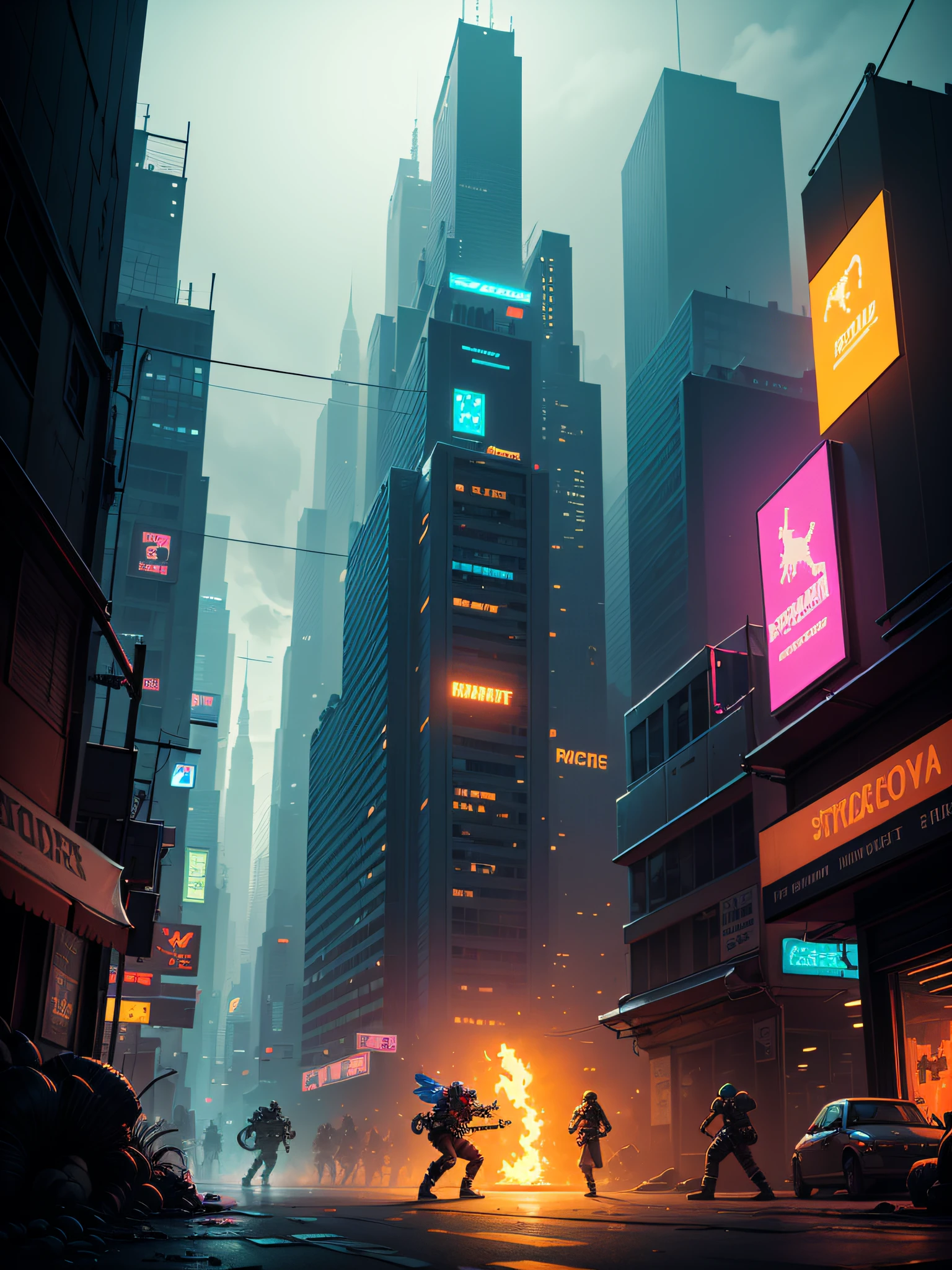 Very strong Pixel art style, street battle, cyberpunk, very intricate, hyper-detailed, masterpiece, 4k, neon and dynamic lighting, colorful, made by Aaron douglas, dystopian and melancholic atmosphere.