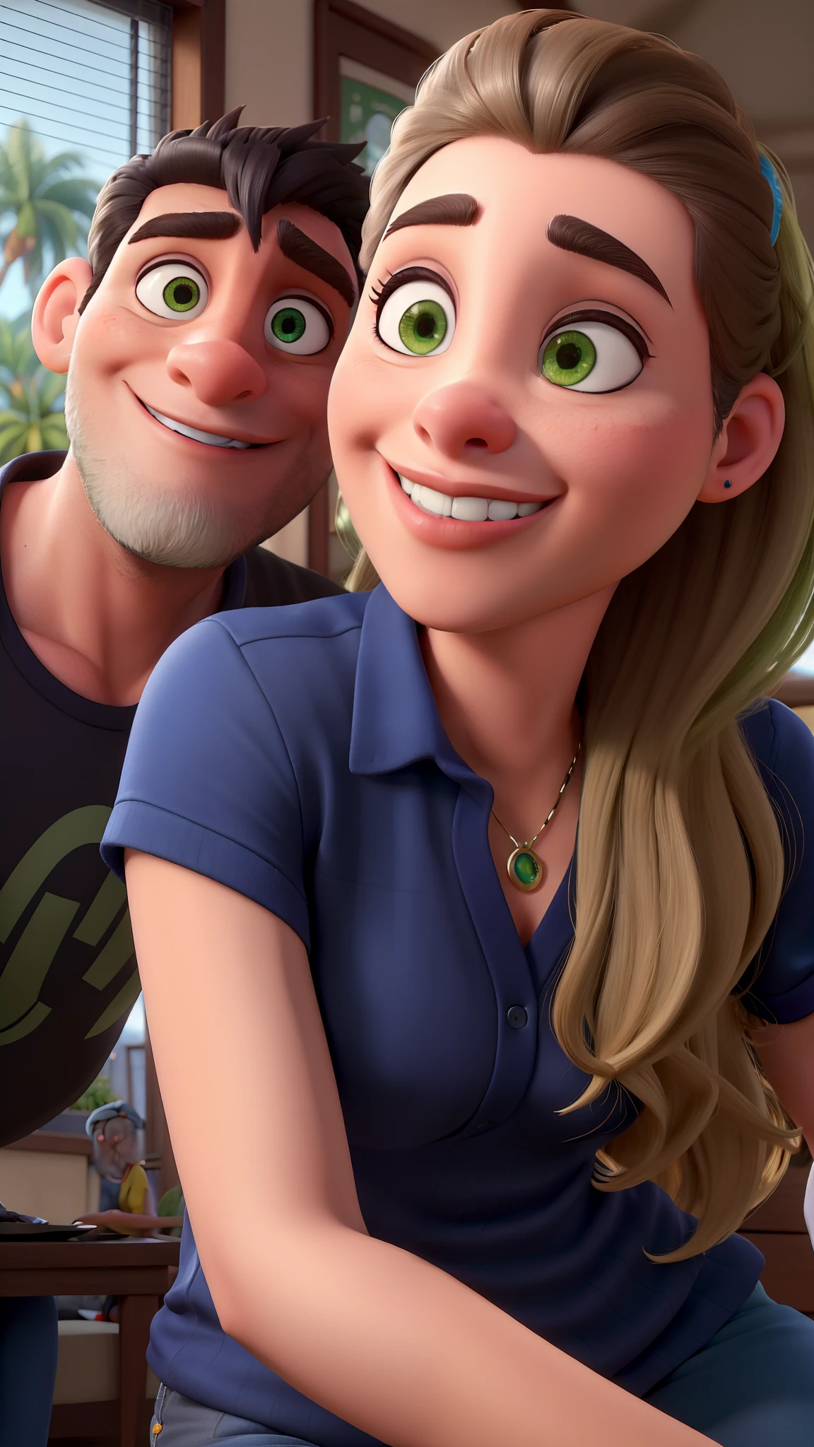 Um casal de pele branca mulher apoiada no homem a sua esquerda, cabelo preto, olhos pretos, mulher de cabelos  preto, olhos verdes, estilo Disney pixar , alta qualidade, melhor qualidade