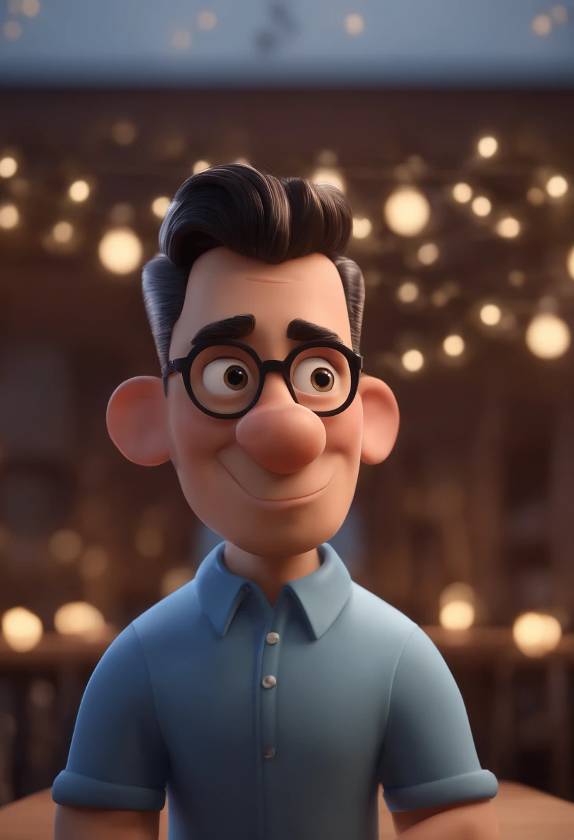 Cartoon character of a man with black glasses and a blue shirt, animation character, Caractere estilizado, animation style rendering, 3D estilizado, Arnold Maya render, 3 d render stylized, toon render keyshot, Personagem 3D, Personagem 3D, 3d rendering stylized, 3 d character render, personagem de desenho animado, Personagem de close up, Pose de personagem, (Estilo Pixar) (master part:1.2) (Bokeh) (best quality) (pele detalhada) (textura detalhada) (8k) (argila) (Cinematic lighting) (foco nítido