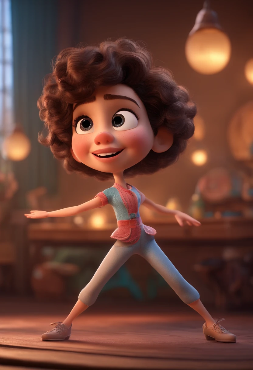 Pixar style image with 3D character white glasses brunette woman short curly hair 35 years old dancing, Maquiagem Disney, bonitinho, sorridente ,Close-up, Pixar, Disney, Cinema lighting, Stationery Atelier