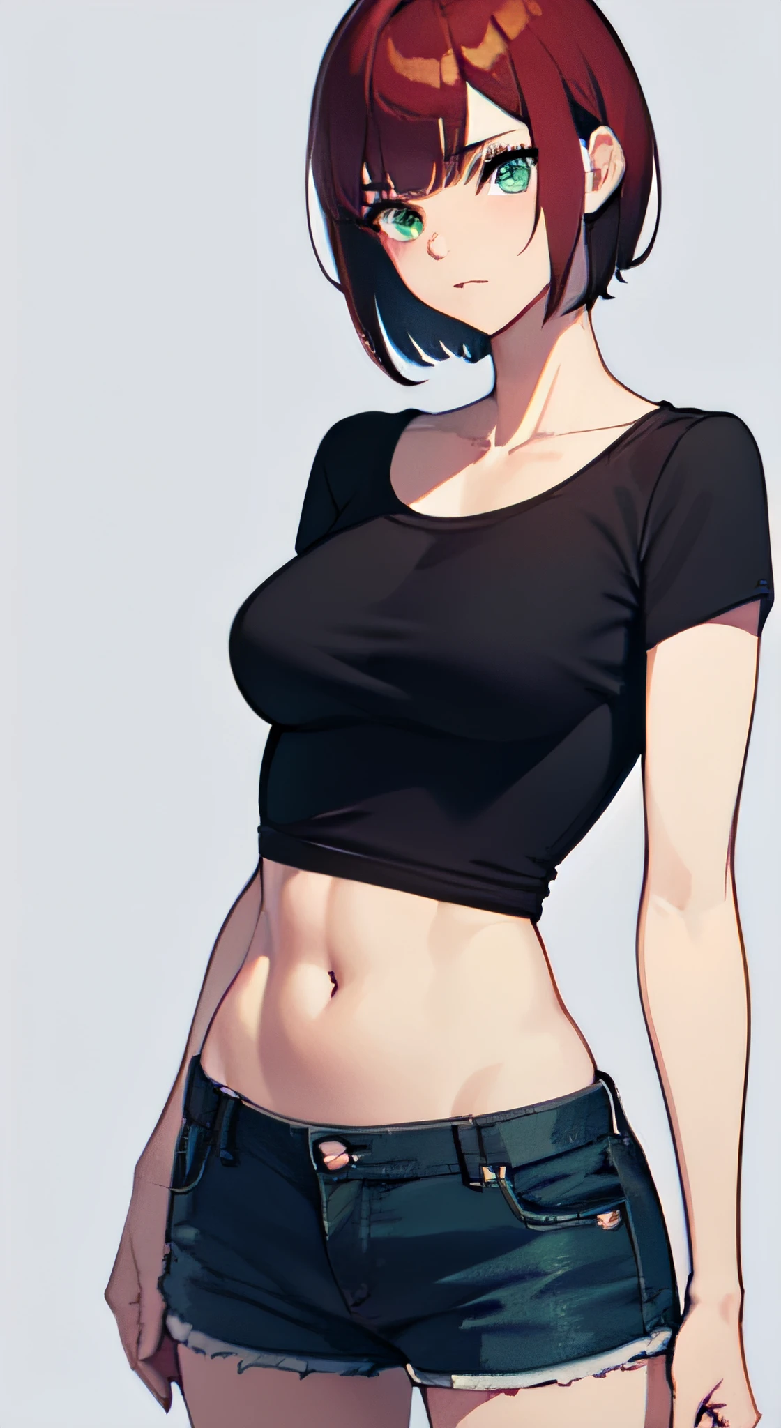 a 1girl, Green eyes, Skinny, short, Black T-shirt, blue shorts, redhead hair, Short Hair Hair, Beautiful figure, beatiful face, 18 years, Correct anatomy, pretty eyes, in full height, Anime style.