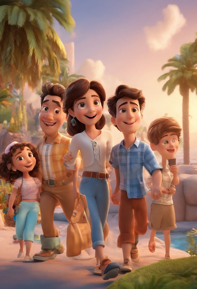 Cartoon of friends having fun on vacation together, 3D Animation Movie Poster, Poster de filme animado, pixar 3 d animation style, pixar renderman rendering, maia 8 mil, animated film, Disney Pixar Estilo 3D, amigos felizes saem juntos, all wearing light blue shirts and cream brown long pants, camisa azul clara, cream brown pants, ao ar livre, vacation, Disney Pixar Animation Poster