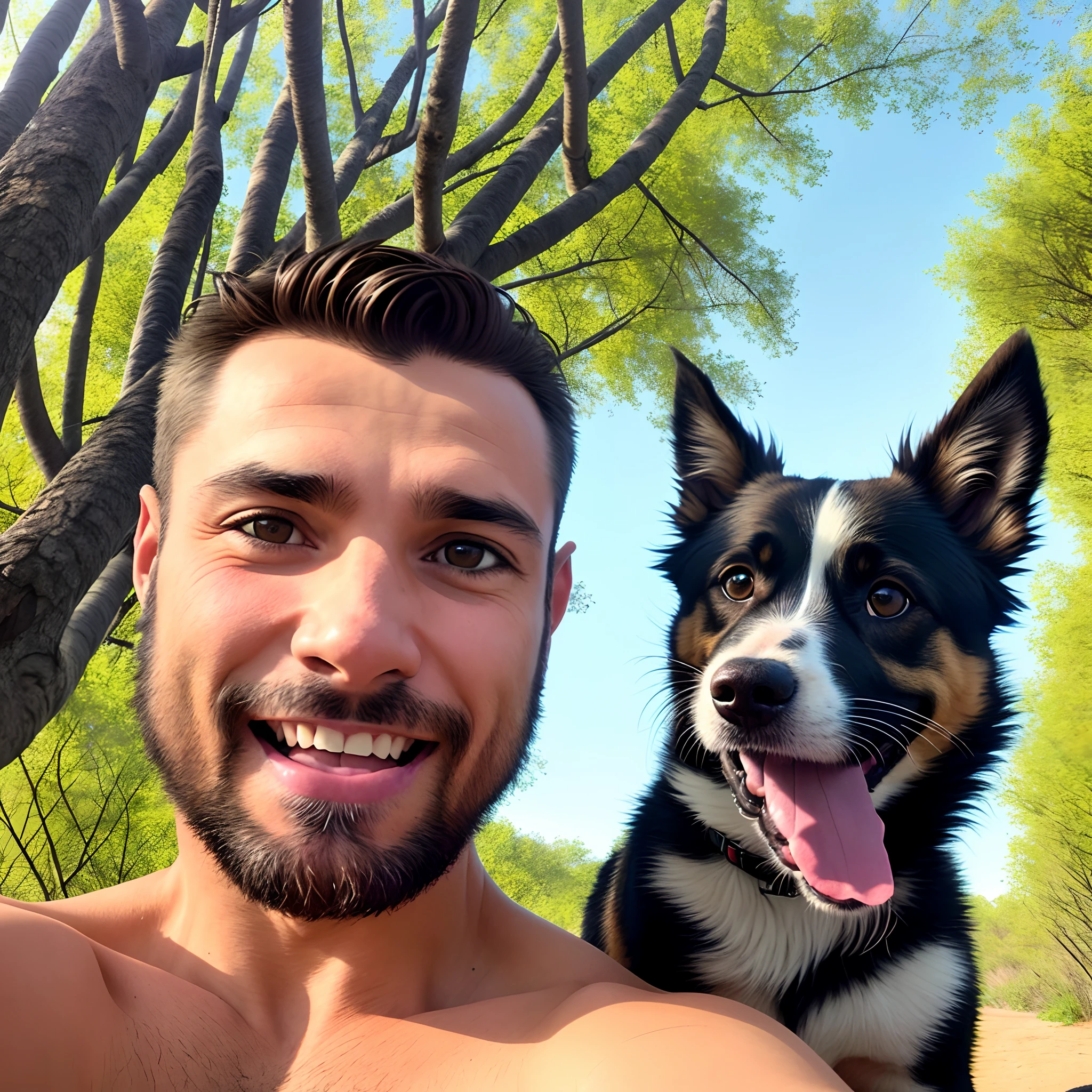 There is a man and a dog who are sitting together, with his hyperactive little dog, selfie of a dog, Homens de 45 anos, with dogs, Homem de 4 0 anos, Selfie!!!!! de um homem, imagem de perfil, Selfie de um homem, Fotografia Selfie 8k, Directed by: Aleksander Kotsis, foto Selfie, with stray dogs