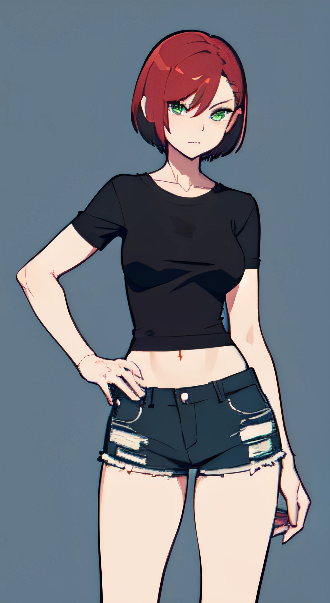 a 1girl, Green eyes, Skinny, short, Black T-shirt, blue shorts, redhead hair, Short Hair Hair, Beautiful figure, beatiful face, 18 years, Correct anatomy, pretty eyes, in full height, Anime style.