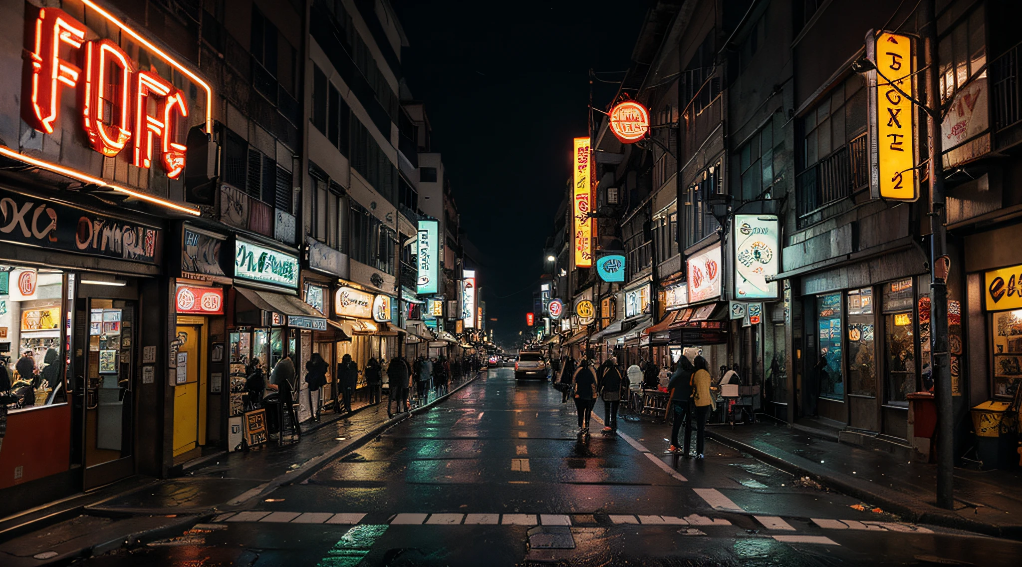 8. Cyberpunk, rua da cidade, bustling with neon signs, pintura fosca