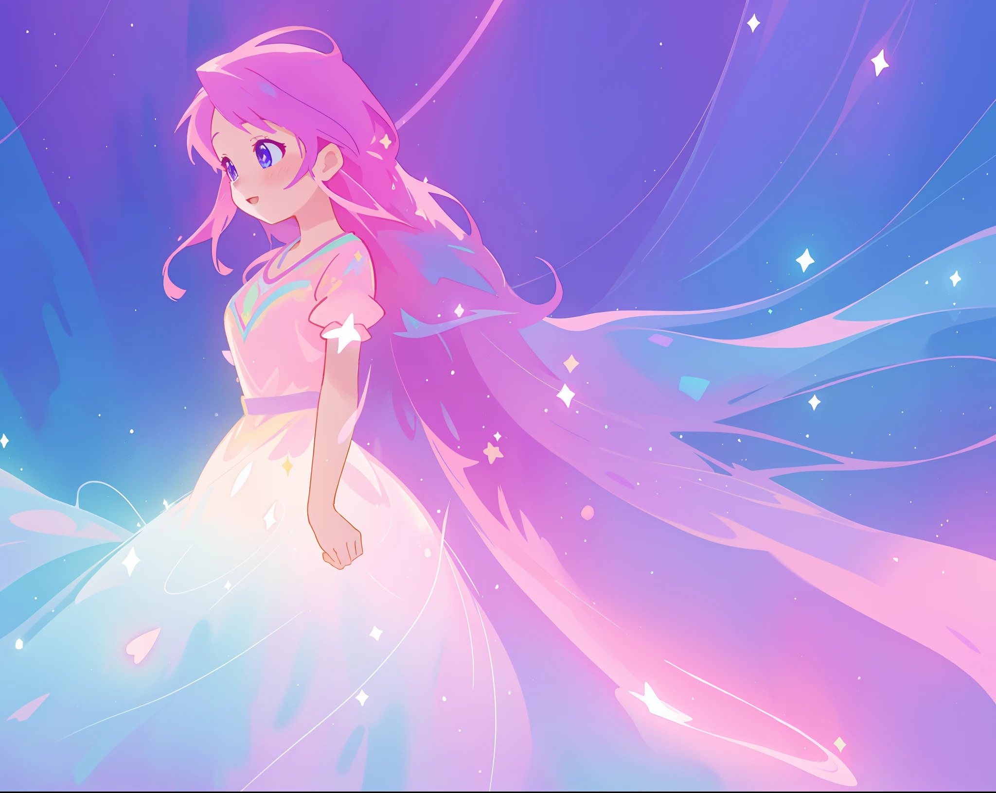 beautiful girl in colorful sparkling flowing ballgown, long flowing purple pink hair, colorful sparkling lights, flowing liquid theme, colorful fantasia background, watercolor illustration, disney art style, glowing aura around her, glowing lights, beautiful digital illustration, fantasia otherworldly landscape plants flowers, beautiful, masterpiece, best quality, anime disney style