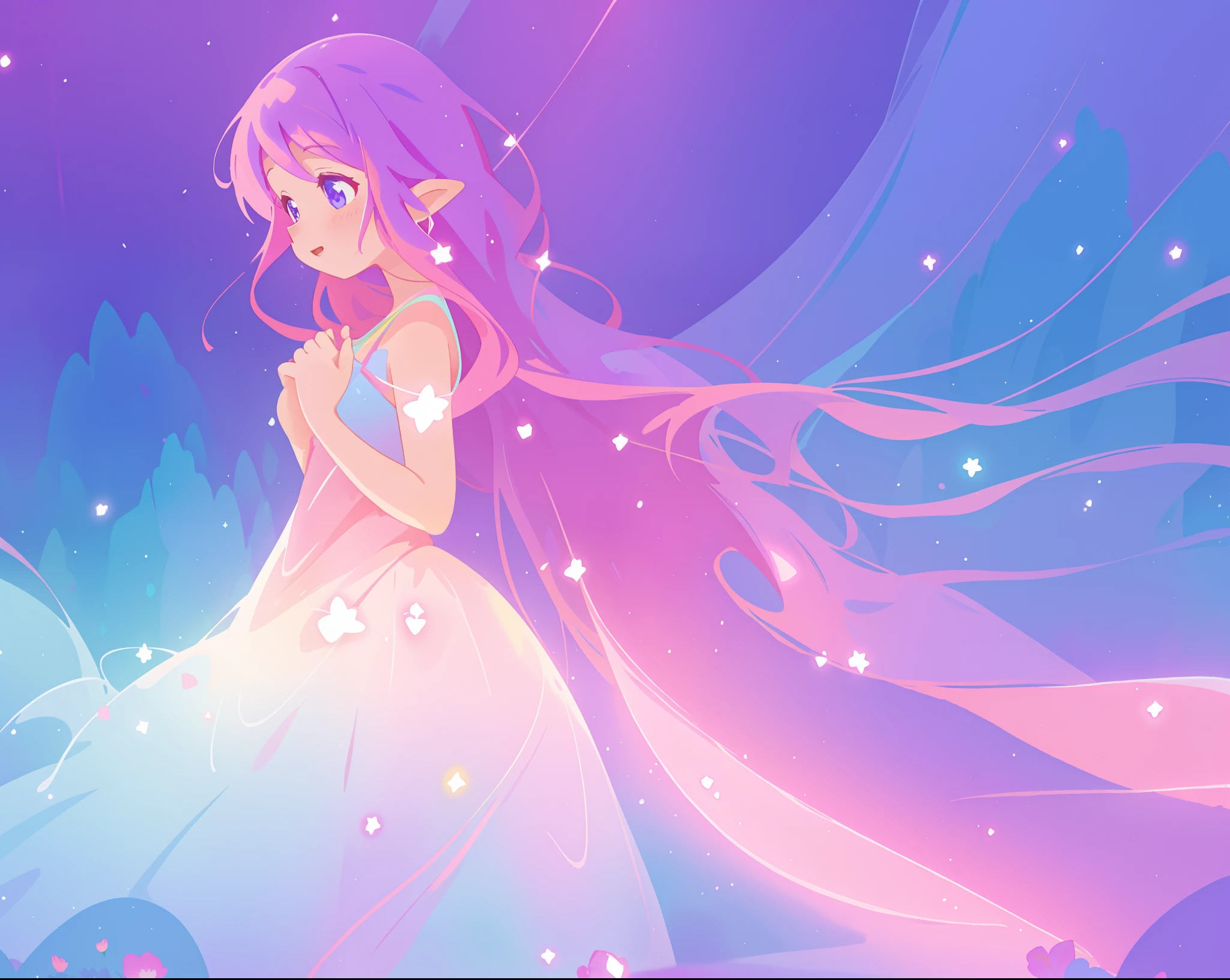 beautiful girl in colorful sparkling flowing ballgown, long flowing purple pink hair, colorful sparkling lights, flowing liquid theme, colorful fantasia background, watercolor illustration, disney art style, glowing aura around her, glowing lights, beautiful digital illustration, fantasia otherworldly landscape plants flowers, beautiful, masterpiece, best quality, anime disney style