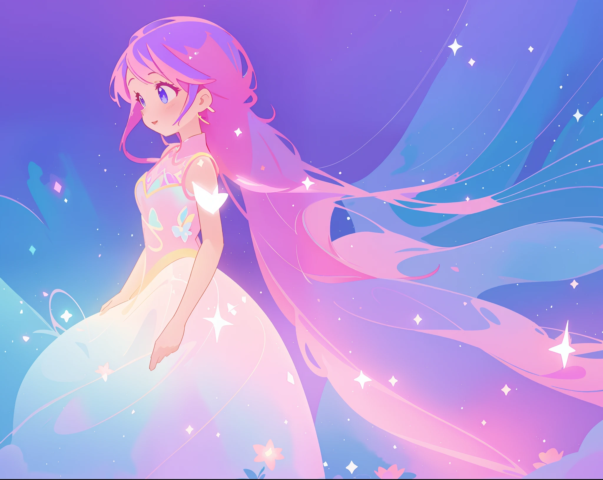 beautiful girl in colorful sparkling flowing ballgown, long flowing purple pink hair, colorful sparkling lights, flowing liquid theme, colorful fantasia background, watercolor illustration, disney art style, glowing aura around her, glowing lights, beautiful digital illustration, fantasia otherworldly landscape plants flowers, beautiful, masterpiece, best quality, anime disney style