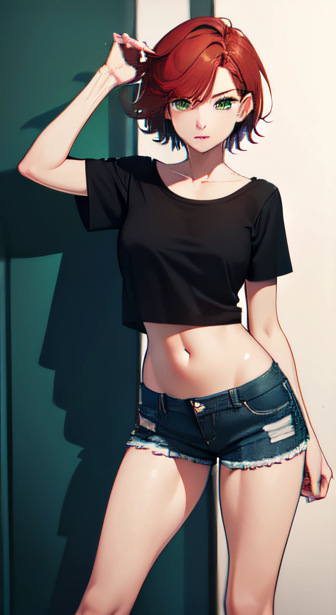 a 1girl, Green eyes, Skinny, short, Black T-shirt, blue shorts, redhead hair, Short Hair Hair, Beautiful figure, beatiful face, 18 years, Correct anatomy, pretty eyes, in full height, Anime style.
