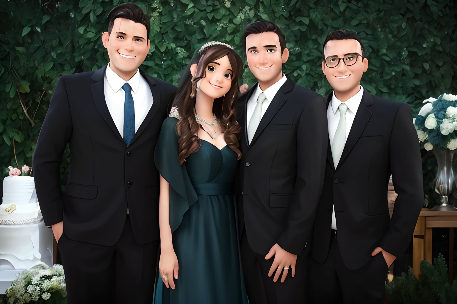 Estilo Pixar, 4 Siblings At A Wedding All Smiling Details On Face Like Pixar Animation