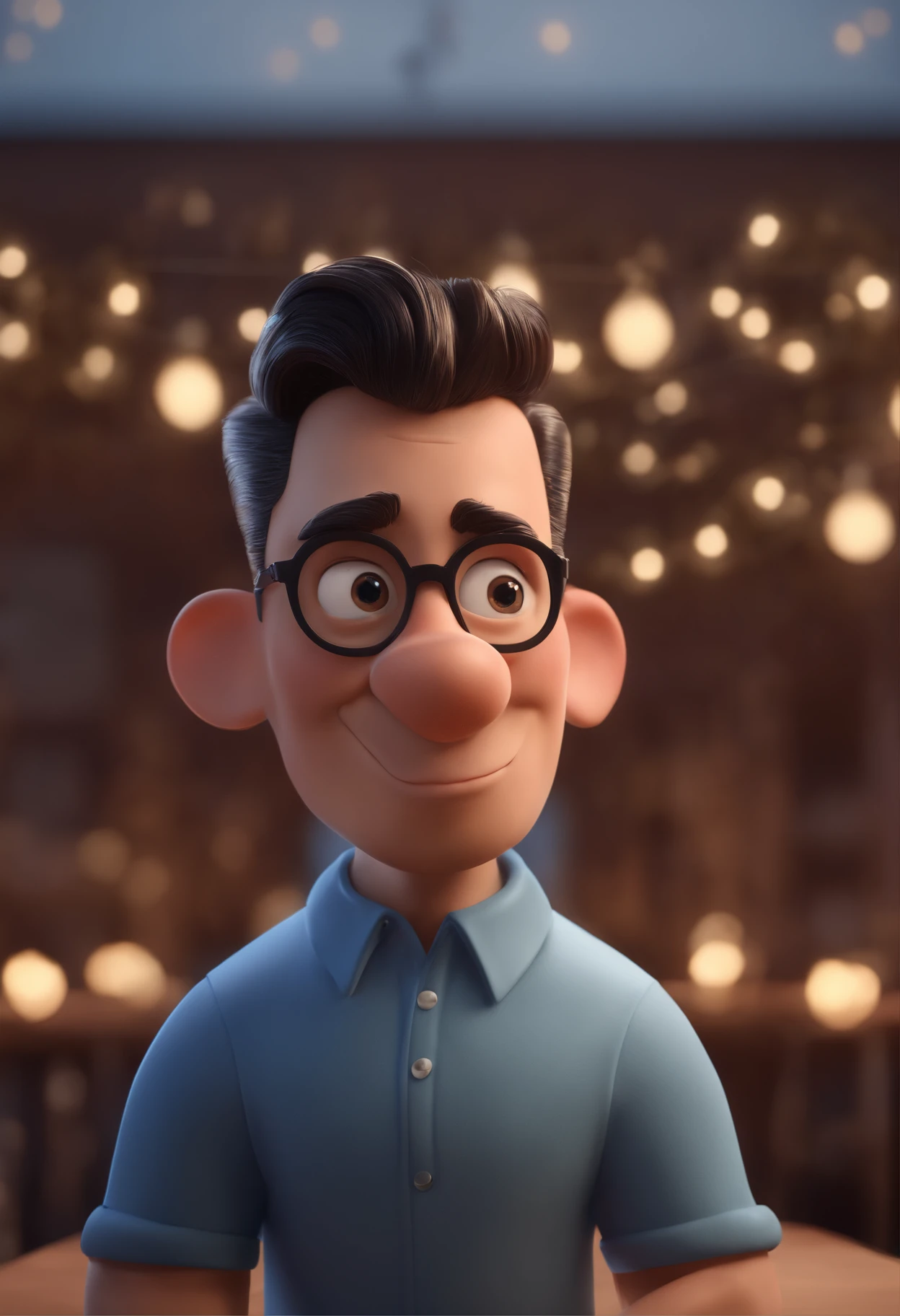 Cartoon character of a man with black glasses and a blue shirt, animation character, Caractere estilizado, animation style rendering, 3D estilizado, Arnold Maya render, 3 d render stylized, toon render keyshot, Personagem 3D, Personagem 3D, 3d rendering stylized, 3 d character render, personagem de desenho animado, Personagem de close up, Pose de personagem,  (Estilo Pixar) (master part:1.2) (Bokeh) (best quality) (pele detalhada) (textura detalhada) (8k) (argila) (Cinematic lighting) (foco nítido