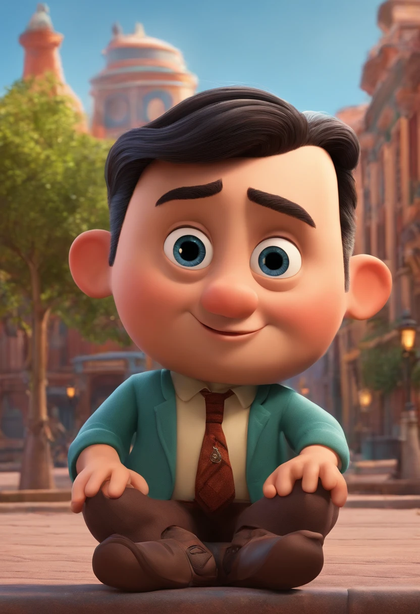 A city councilman looking at a dream project inspired by Pixar animation, de perto. The character takes center stage with captivating facial expressions, oferecendo um toque de irrealidade