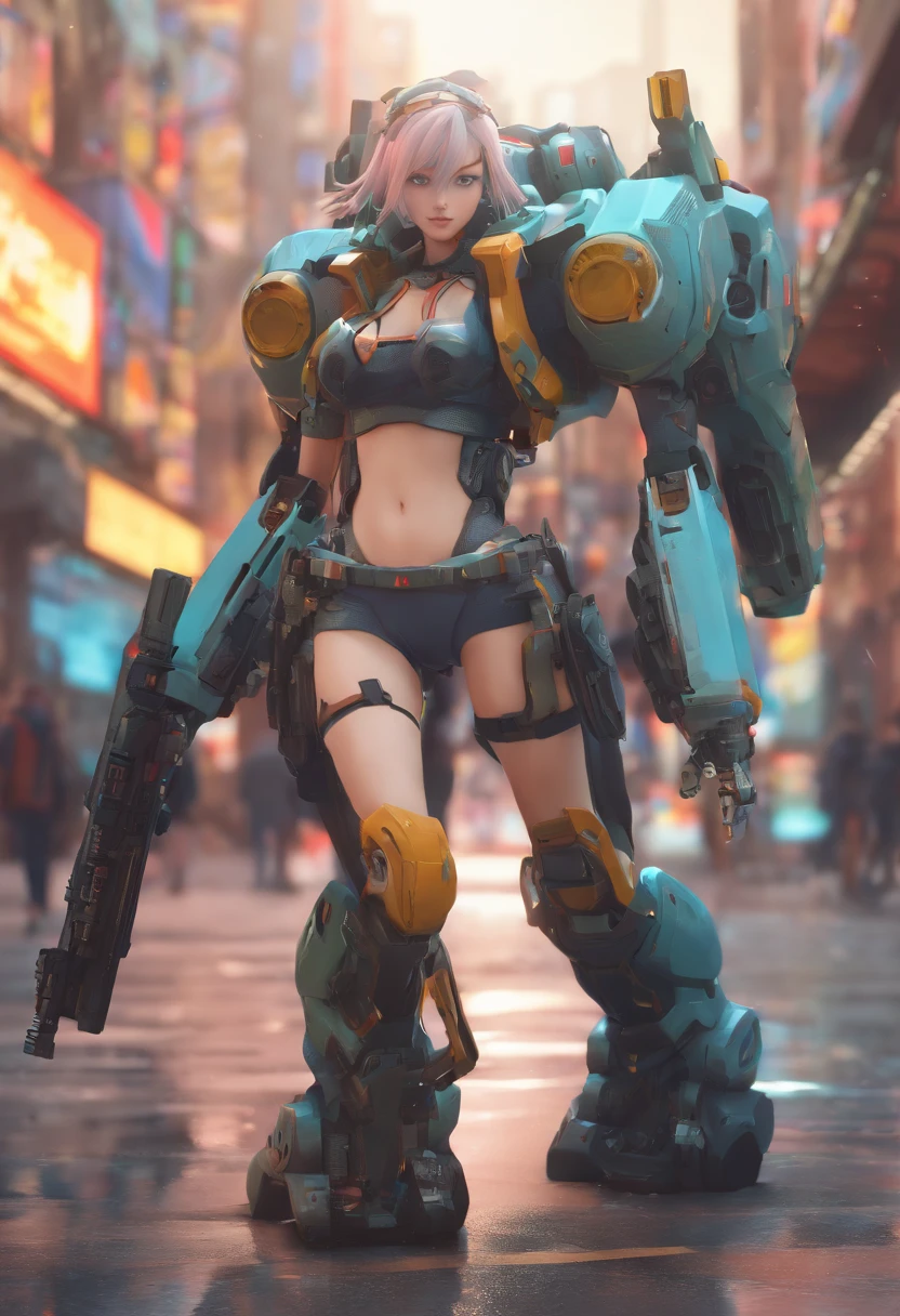Anime girl in short shorts and jacket next to giant robot, Arte no estilo de Guweiz, cyberpunk menina anime mech, Trend in CGTacing:, Guweiz, Directed by: Russell Dongjun Lu, arte digital do anime cyberpunk, Ross Tran 8 K, Guweiz em ArtStation Pixiv, menina em mecha cyber armor