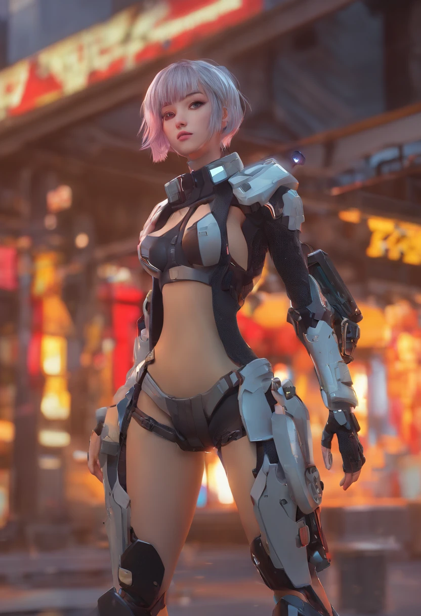 Anime girl in short shorts and jacket next to giant robot, Arte no estilo de Guweiz, cyberpunk menina anime mech, Trend in CGTacing:, Guweiz, Directed by: Russell Dongjun Lu, arte digital do anime cyberpunk, Ross Tran 8 K, Guweiz em ArtStation Pixiv, menina em mecha cyber armor