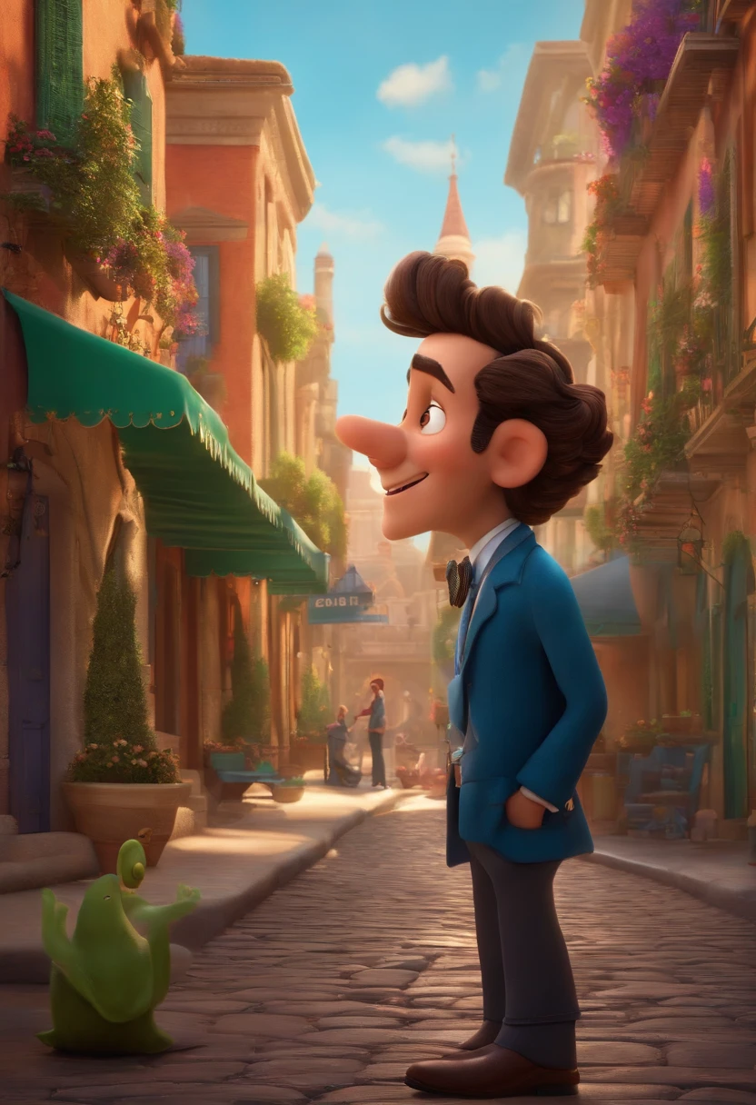 A city councilman looking at a dream project inspired by Pixar animation, de perto. The character takes center stage with captivating facial expressions, oferecendo um toque de irrealidade