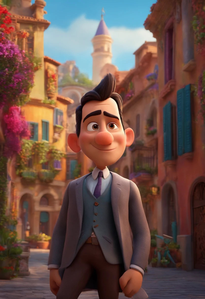 A city councilman looking at a dream project inspired by Pixar animation, de perto. The character takes center stage with captivating facial expressions, oferecendo um toque de irrealidade