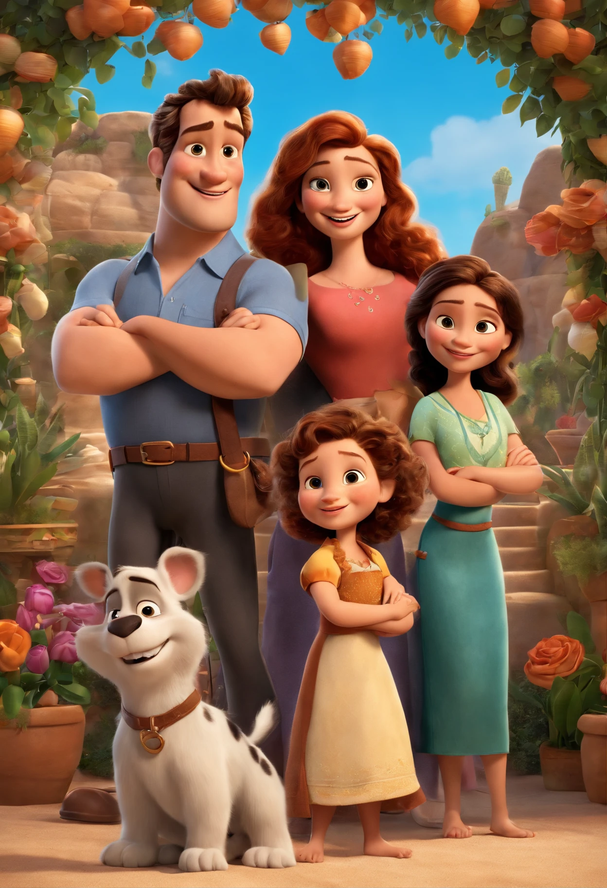 a Disney Pixar movie poster showing a white-skinned family. The father is the tallest, Tem barba curta, loiro, cabelos curtos e espinhosos. The mother has brown eyes and hair, shoulder-length and is slightly overweight. A menina tem 4 anos e cabelos castanhos, roupa rosa e rabos de cavalo. The background is a beach garden. 3D-rendering