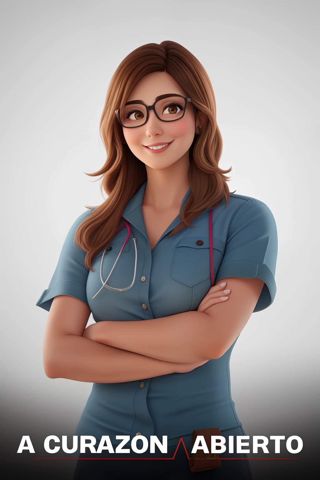 A 34-year-old woman, with short brown hair, Cara redonda, cara redonda con sonrisa encantadora, y ojos marrones claros, usar gafas.