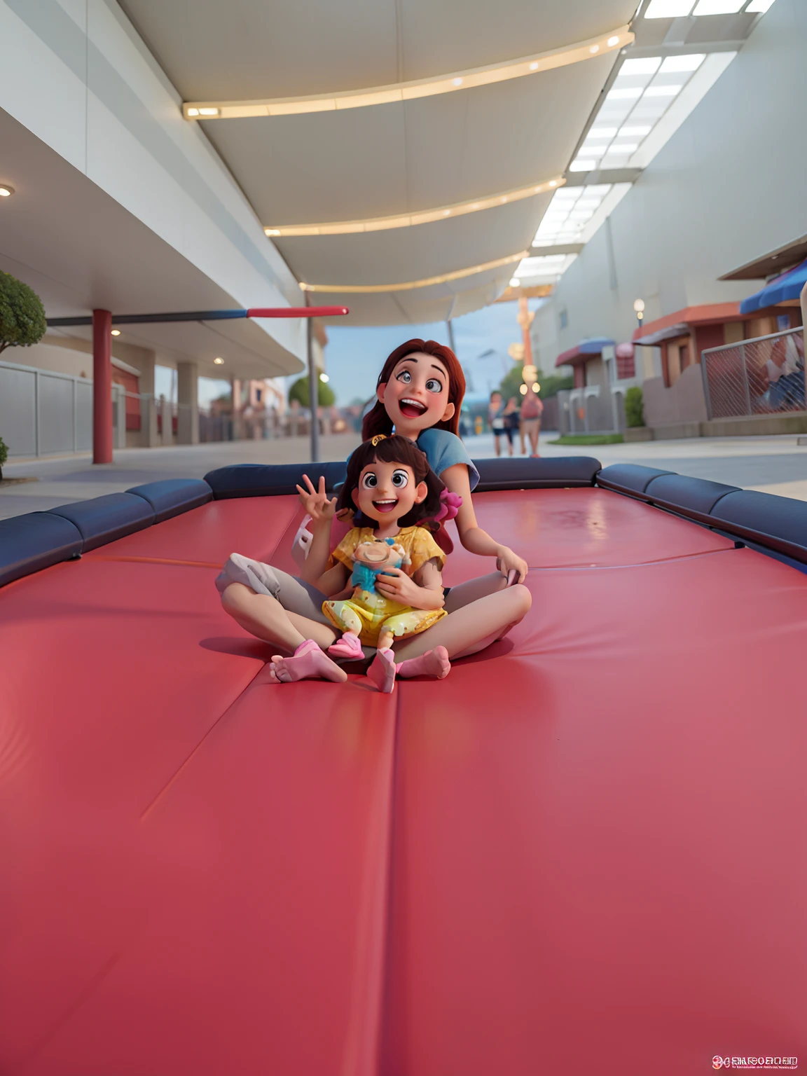 obra-prima, alta qualidade melhor qualidade, no estilo pixar disney, Mother and daughter are sitting on a trampoline and are smiling, Happy in the amusement park