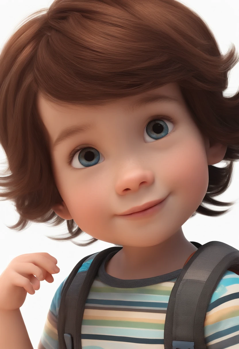 a happy cute kid standing short hair, vestindo uma fantasia espacial, , fundo branco, barnet, toon, estilo pixar, 3d, desenhos animados, rosto detalhado, asymmetrical 16k