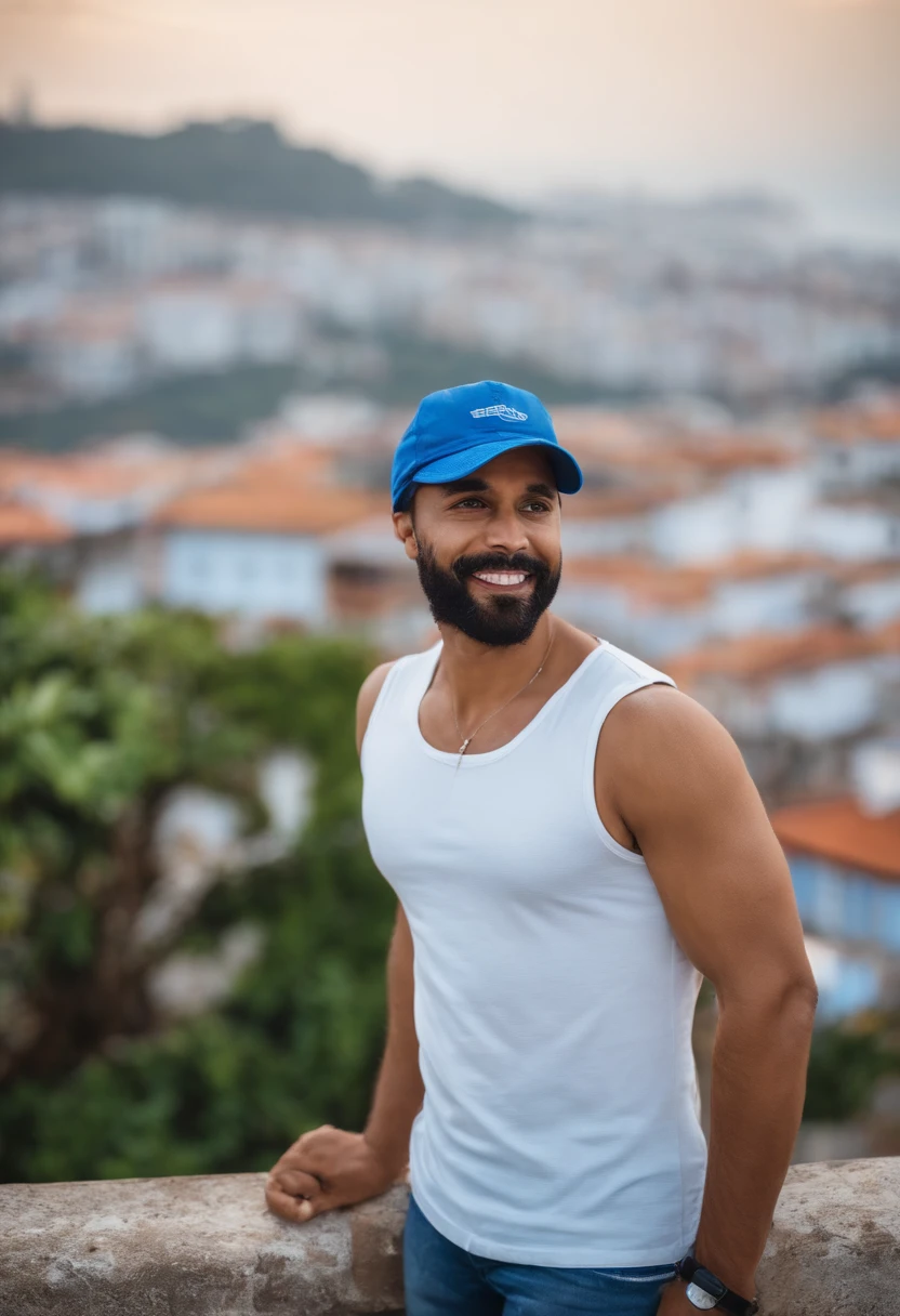 Boy in blue cap, camisa azul, pardo, magro rosto comprido, sem barba e bigode 30 anos. Tirando selfie na cidade alta, Salvador, In the background the lower city with the view of the houses, o lindo mercado modelo e o mar.
