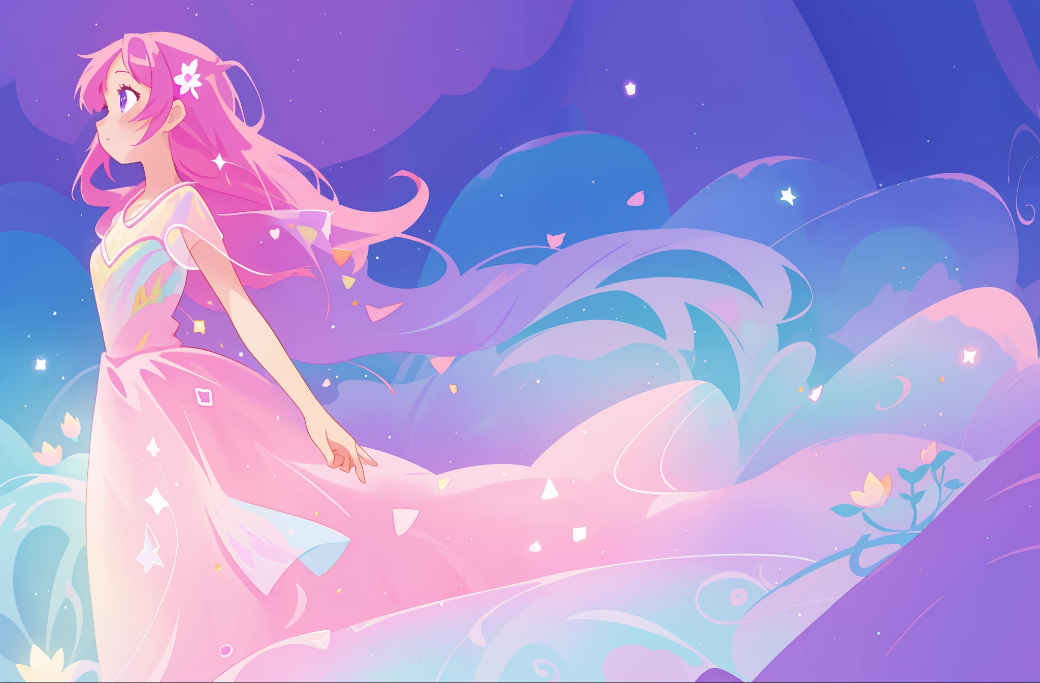 beautiful girl in colorful sparkling flowing ballgown, long flowing purple pink hair, colorful sparkling lights, flowing liquid theme, colorful fantasia background, watercolor illustration, disney art style, glowing aura around her, glowing lights, beautiful digital illustration, fantasia otherworldly landscape plants flowers, beautiful, masterpiece, best quality, anime disney style