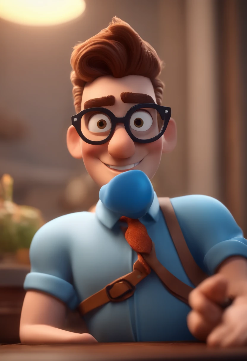 Cartoon character of a man with black glasses and a blue shirt, animation character, Caractere estilizado, animation style rendering, 3D estilizado, Arnold Maya render, 3 d render stylized, toon render keyshot, Personagem 3D, Personagem 3D, 3d rendering stylized, 3 d character render, personagem de desenho animado, Personagem de close up, Pose de personagem,  (Estilo Pixar) (master part:1.2) (Bokeh) (best quality) (pele detalhada) (textura detalhada) (8k) (argila) (Cinematic lighting) (foco nítido