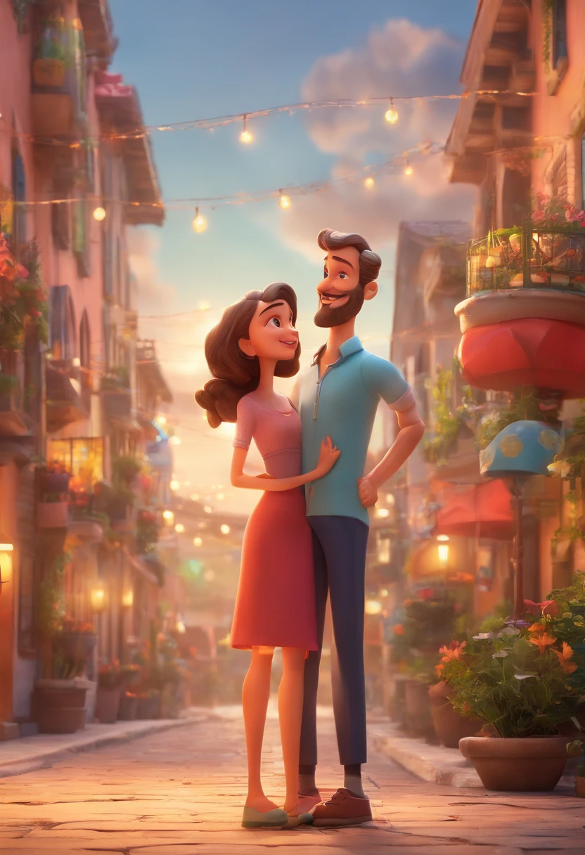 An illustration of an adorable couple, Destacando um homem e uma mulher com beleza, Expressive eyes – the man's hair is bald and brown and he has a full beard, While the woman's hair is tied up in a bun and blonde. They are a bright space, Todos com um sorriso no rosto, e compartilhe um momento especial, That is marked by love, viagem, and pedagogical insights. Ilustre esta cena a partir de uma perspectiva, where they're facing away from the camera, Show Your Connection. Desenvolva esta arte em Full HD, Focus on your cinematic touch, Estilo Disney Pixar Animations
