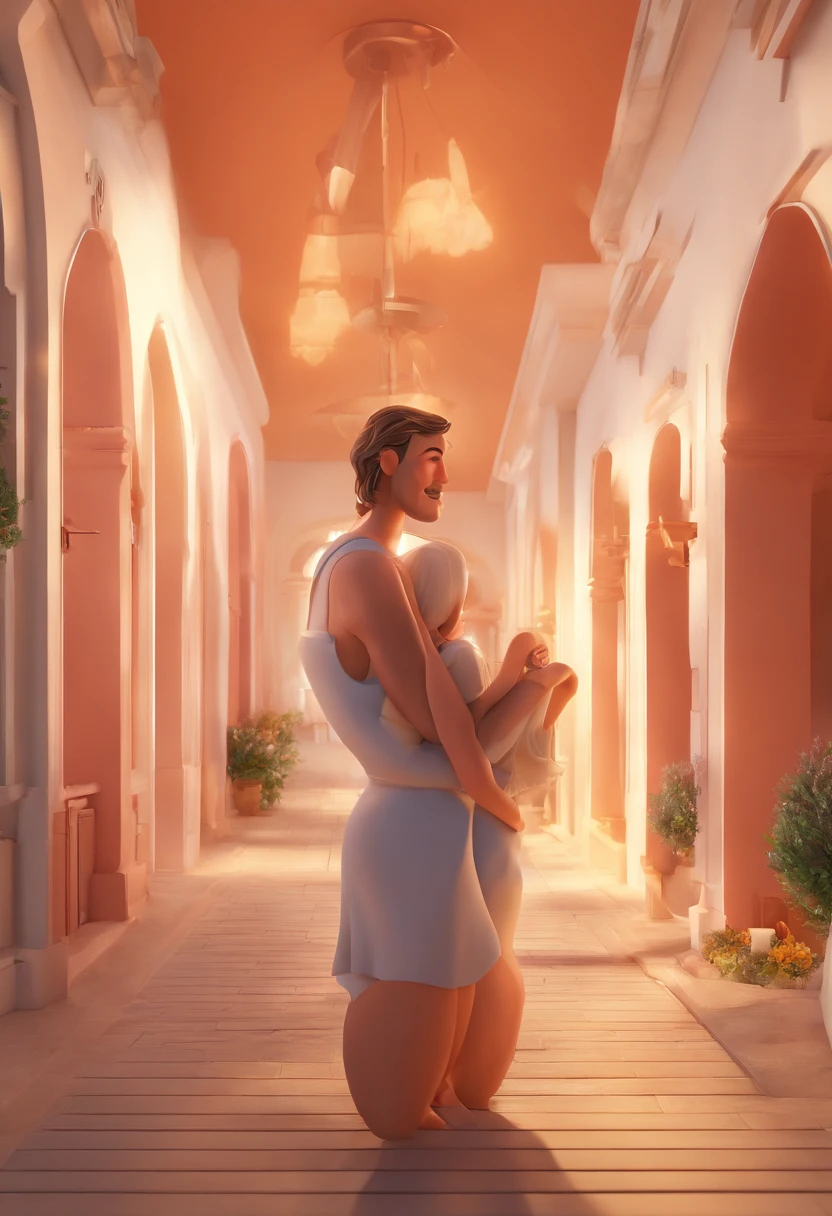 An illustration of an adorable couple, Destacando um homem e uma mulher com beleza, Expressive eyes – the man's hair is bald and brown and he has a full beard, While the woman's hair is tied up in a bun and blonde. They are a bright space, Todos com um sorriso no rosto, e compartilhe um momento especial, That is marked by love, viagem, and pedagogical insights. Ilustre esta cena a partir de uma perspectiva, where they're facing away from the camera, Show Your Connection. Desenvolva esta arte em Full HD, Focus on your cinematic touch, Estilo Disney Pixar Animations