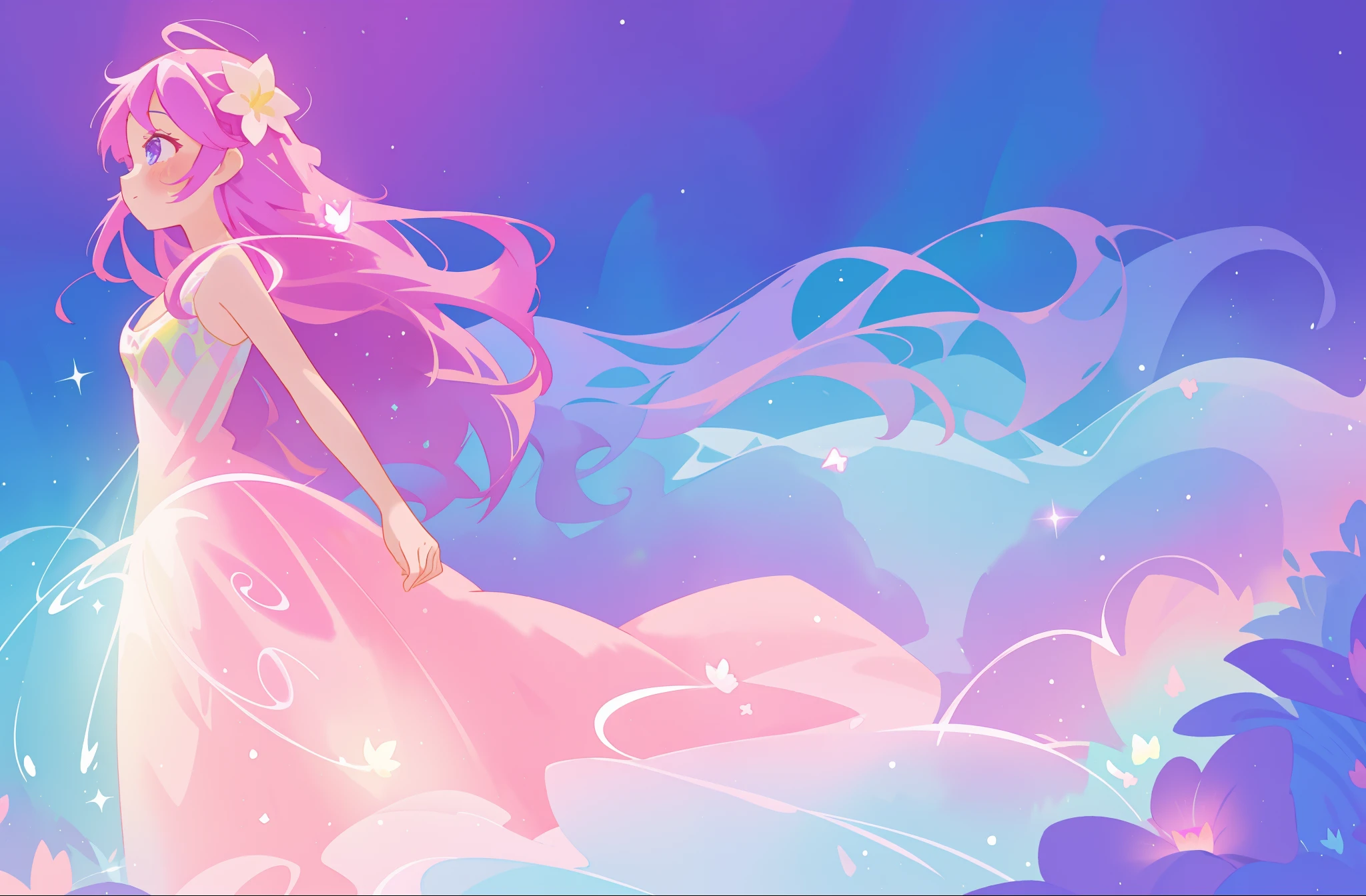 beautiful girl in colorful sparkling flowing ballgown, long flowing purple pink hair, colorful sparkling lights, flowing liquid theme, colorful fantasia background, watercolor illustration, disney art style, glowing aura around her, glowing lights, beautiful digital illustration, fantasia otherworldly landscape plants flowers, beautiful, masterpiece, best quality, anime disney style