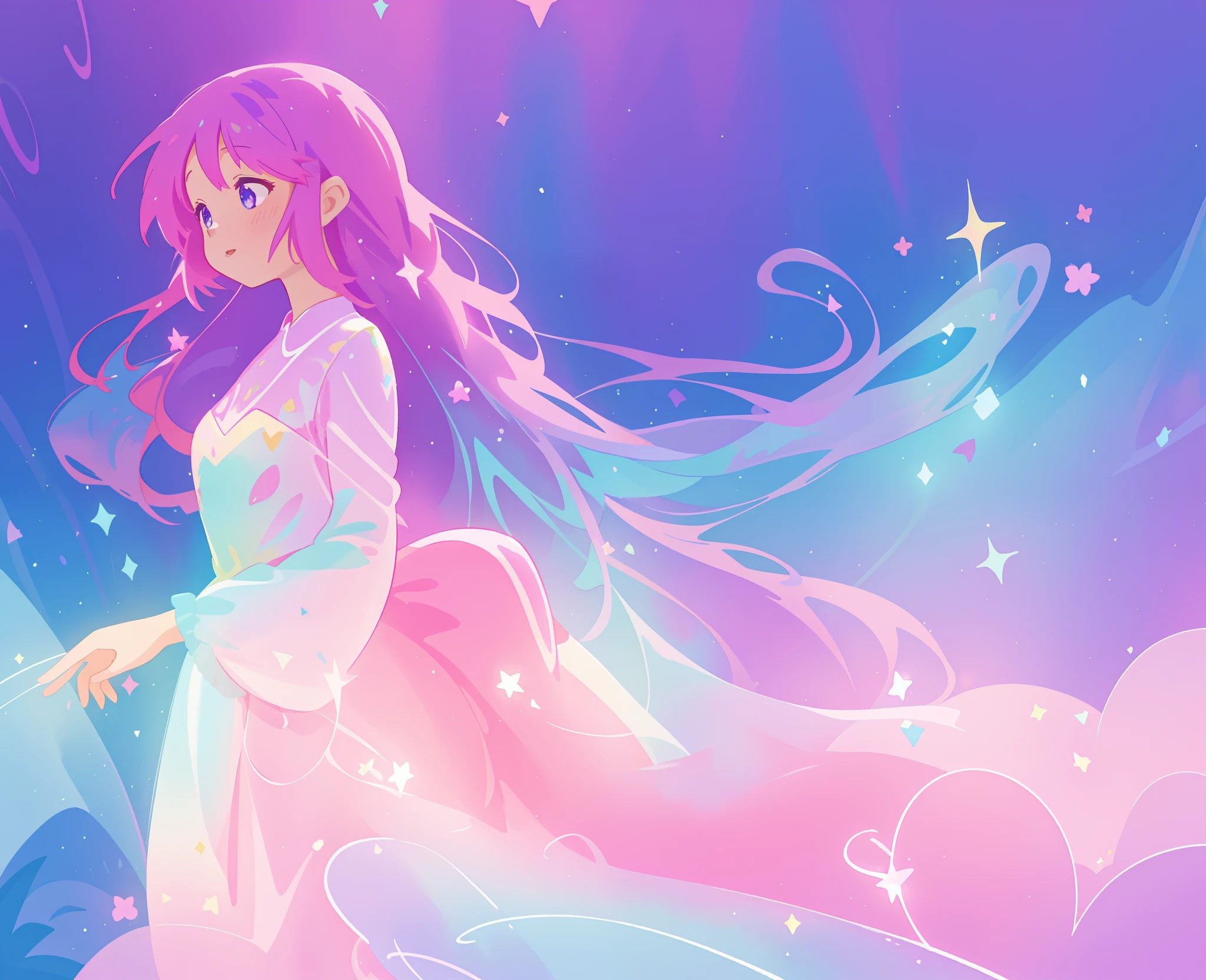 beautiful girl in colorful sparkling flowing ballgown, long flowing purple pink hair, colorful sparkling lights, flowing liquid theme, colorful fantasia background, watercolor illustration, disney art style, glowing aura around her, glowing lights, beautiful digital illustration, fantasia otherworldly landscape plants flowers, beautiful, masterpiece, best quality, anime disney style