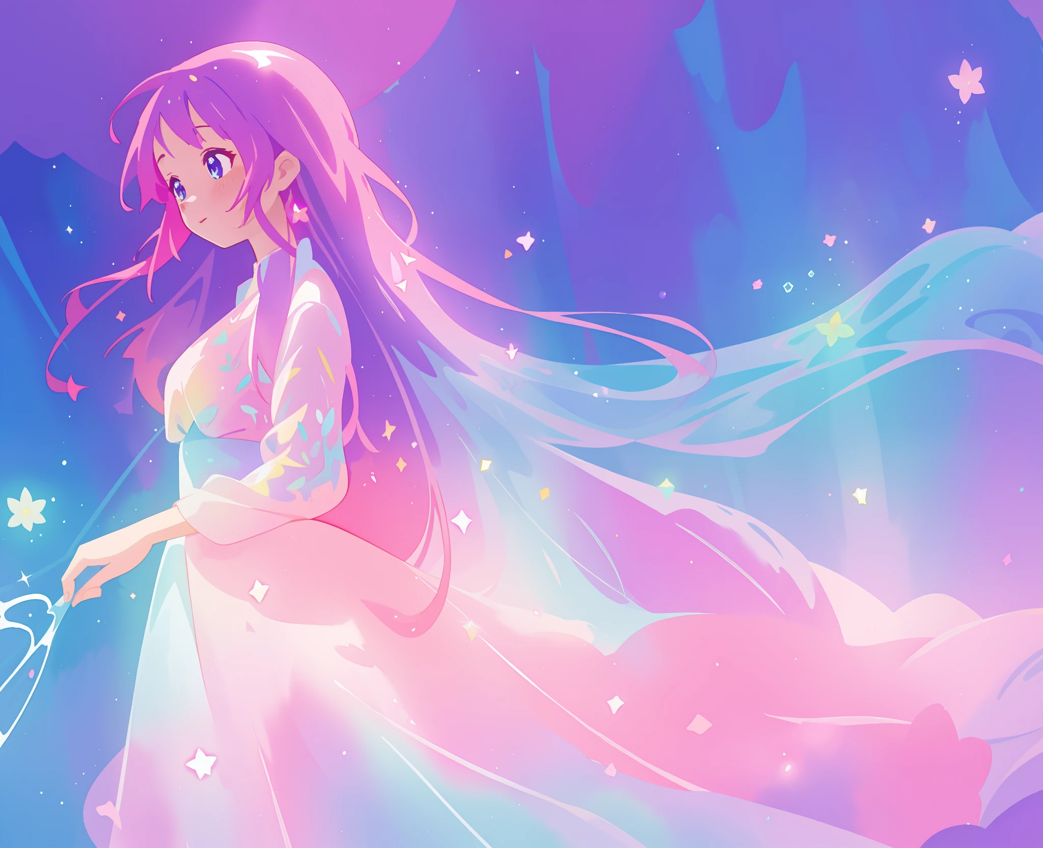beautiful girl in colorful sparkling flowing ballgown, long flowing purple pink hair, colorful sparkling lights, flowing liquid theme, colorful fantasia background, watercolor illustration, disney art style, glowing aura around her, glowing lights, beautiful digital illustration, fantasia otherworldly landscape plants flowers, beautiful, masterpiece, best quality, anime disney style