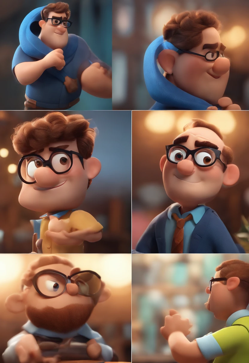 Cartoon character of a man wearing black glasses and a blue shirt, um personagem animado, Caractere estilizado, animation style rendering, 3D estilizado, Arnold Maya render, 3 d render stylized, toon render keyshot, Personagem 3D, Personagem 3D, 3d rendering stylized, 3 d character render, personagem de desenho animado, Personagem de close up, Pose de personagem, (Estilo Pixar) (master part:1.2) (Bokeh) (best quality) (pele detalhada) (textura detalhada) (8k) (argila) (Cinematic lighting) (foco nítido，Senta e vaza a parte superior do corpo