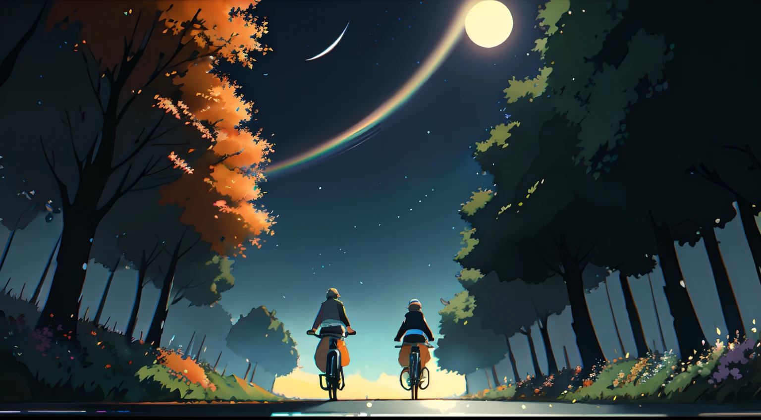 (cycliste seul: 1.5), (Vélo réaliste: 1.5), (cycliste réaliste: 1.5), Plan en gros plan, Le meilleur des meilleurs, automne, Nuit, ciel sombre, feuilles d’oranger, Feuilles qui tombent, Arrière-plan paysager, ombres, contraste, Makoto Shinkai (Meilleure qualité:1.3), (Haute résolution:1) Art par Studio Ghibli Style, impressionnisme, couleurs vibrantes