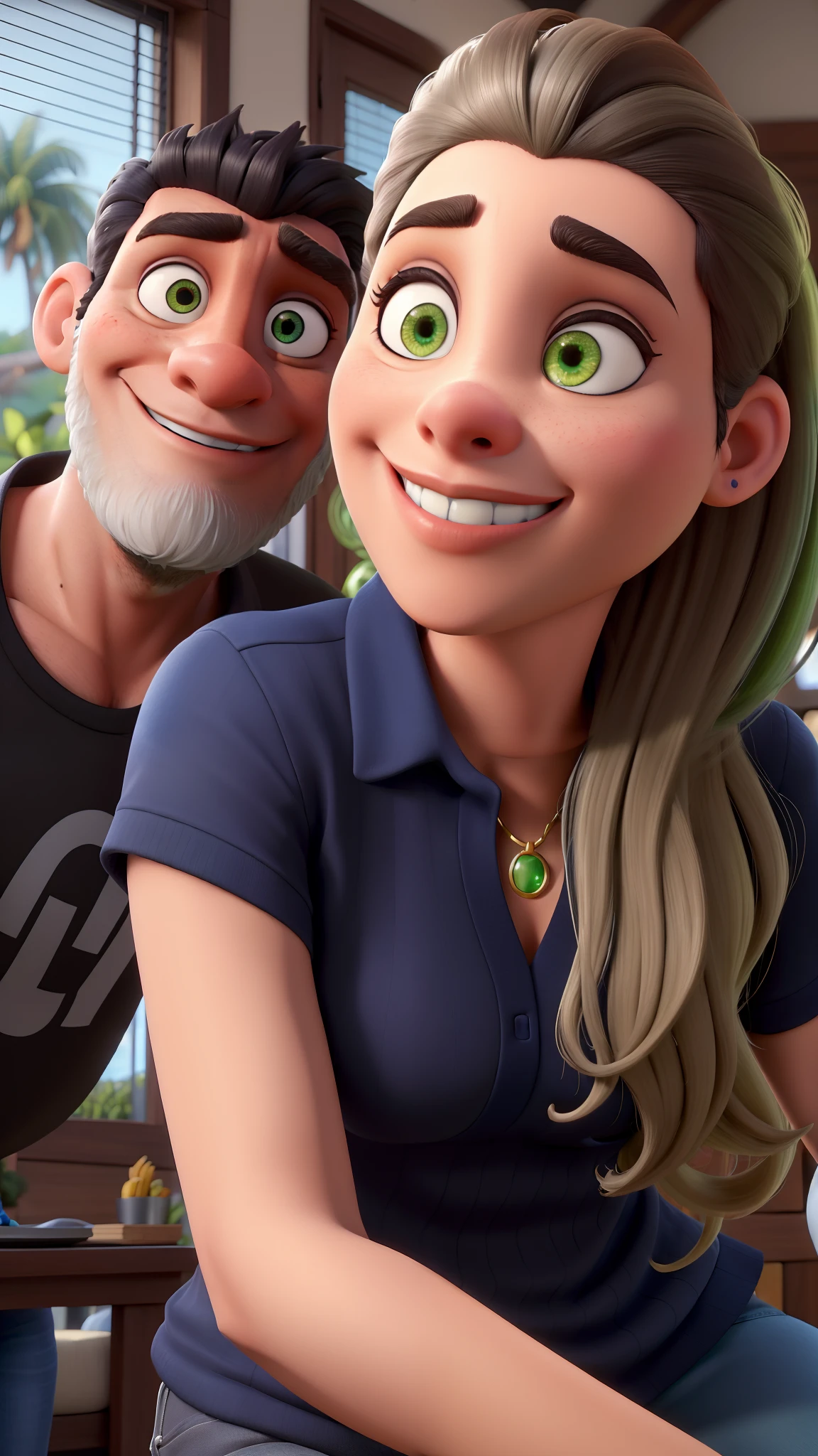 Um casal de pele branca, cabelo preto, olhos pretos, cabelos  preto, olhos verdes, barba na cor preto estilo Disney pixar , alta qualidade, melhor qualidade