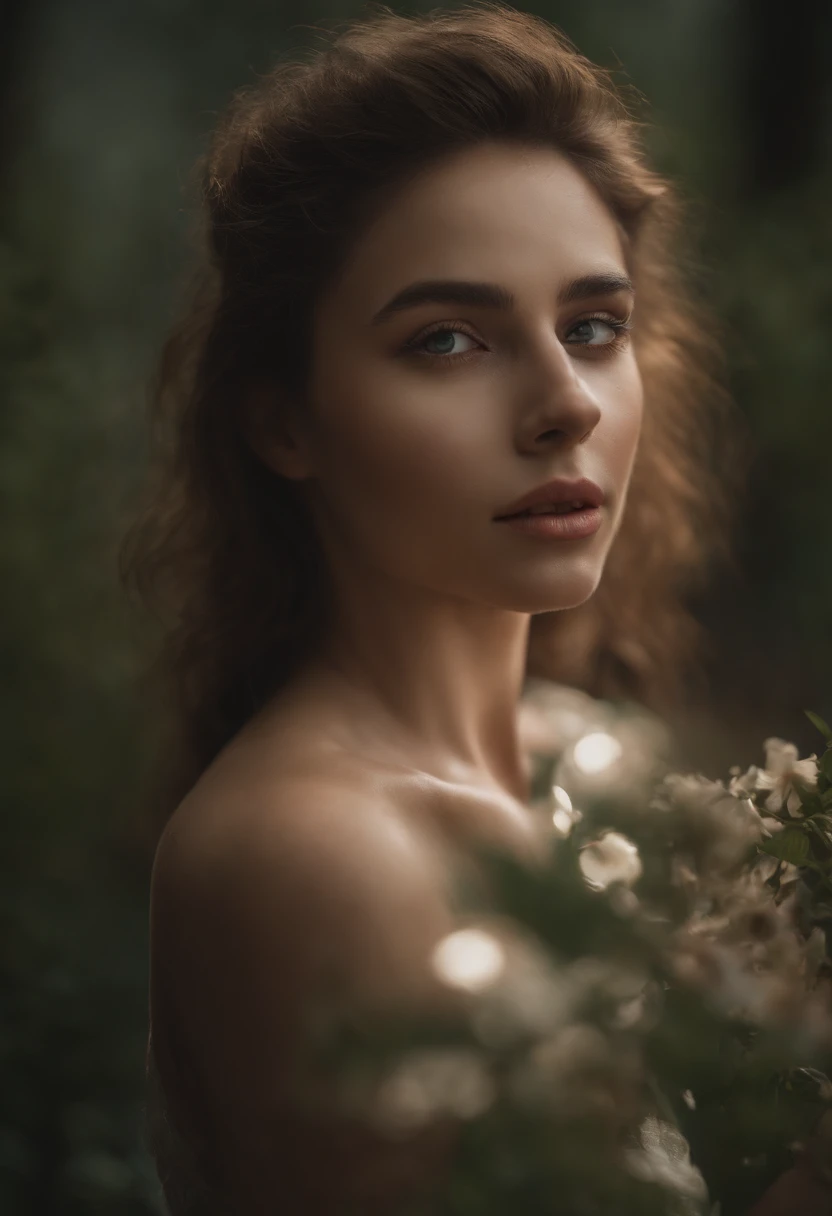 best quality,ultra-detailed,realistic:1.37,portrait,nude female,wet body,dark hair,curly hair,pale skin,sensual pose,eye-catching composition,subtle lighting,soft shadows,vivid colors,natural beauty,fine brushstrokes,dramatic atmosphere,delicate features,powerful expression,confident gaze,implied vulnerability,mysterious surroundings,sinuous lines,graceful curves,elegant silhouette,harmonious balance,seductive,alluring,provocative,enticing