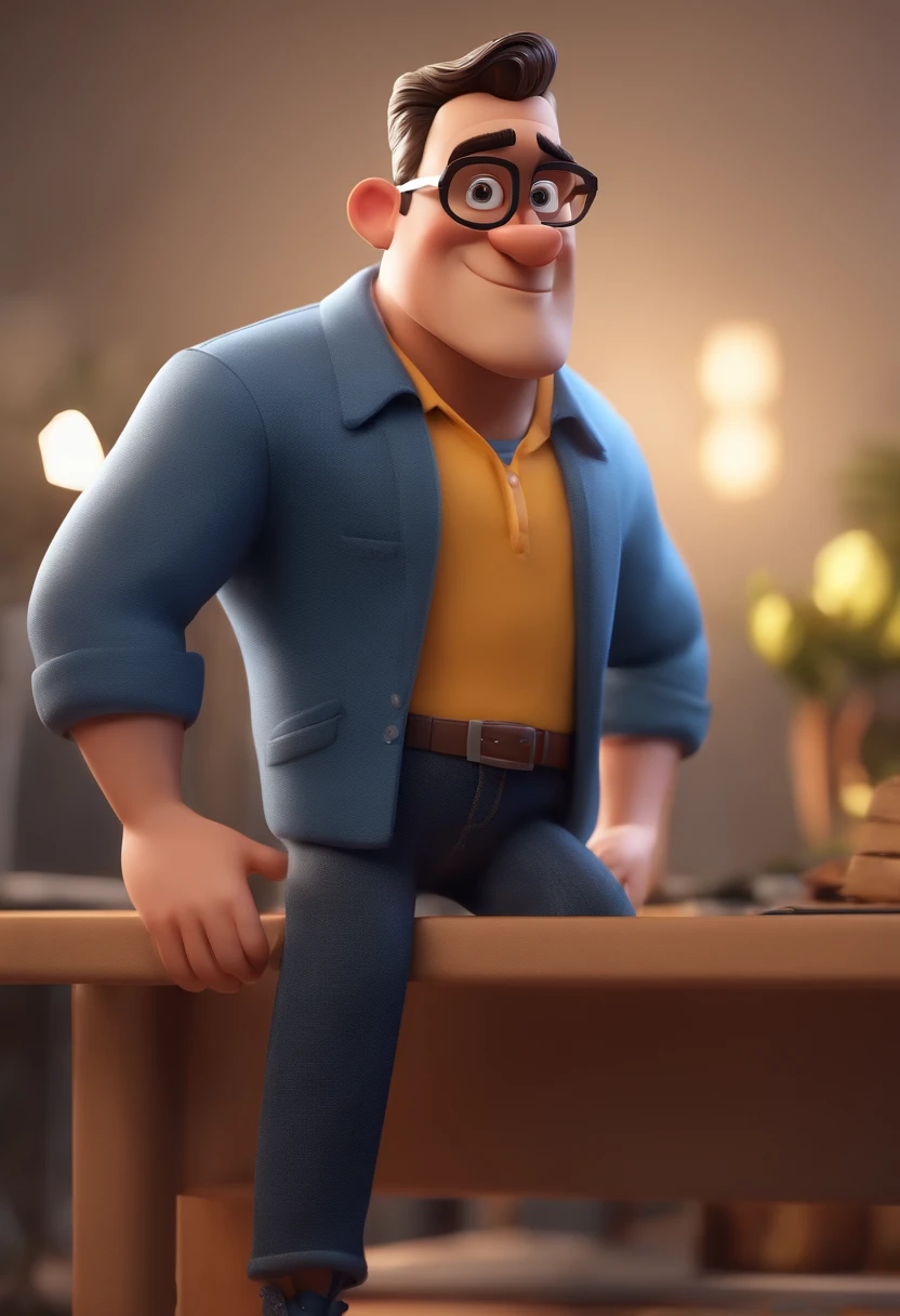 Cartoon character of a man with black glasses and a blue shirt, animation character, Caractere estilizado, animation style rendering, 3D estilizado, Arnold Maya render, 3 d render stylized, toon render keyshot, Personagem 3D, Personagem 3D, 3d rendering stylized, 3 d character render, personagem de desenho animado, Personagem de close up, Pose de personagem,  (Estilo Pixar) (master part:1.2) (Bokeh) (best quality) (pele detalhada) (textura detalhada) (8k) (argila) (Cinematic lighting) (foco nítido