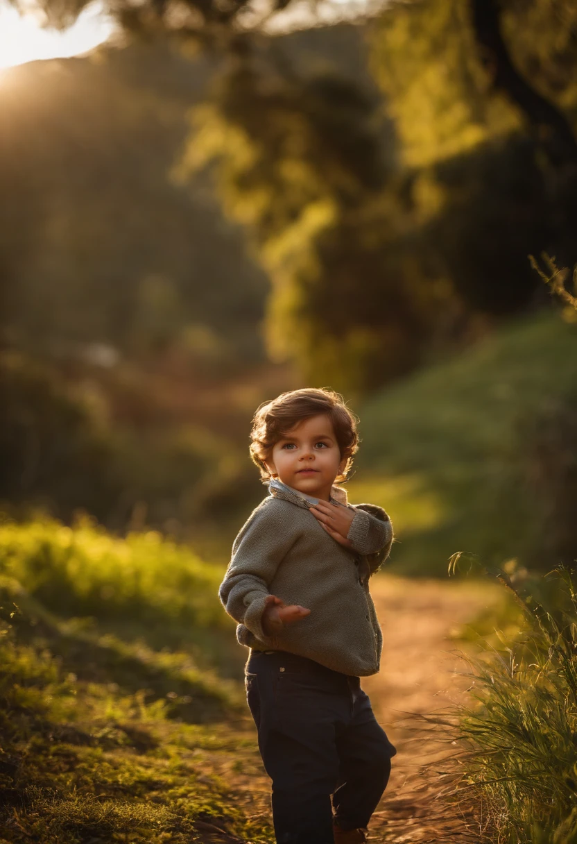 : Miguel, aproximadamente 5 anos de idade, cabelo curto estilo Disney, olhos castanhos e sorrisos. garota: Giovana, 2 anos, longos cabelos pretos e olhos azuis. scenecy: Miguel and Giovana are in a cozy little house in the valley, ao fundo um dia ensolarado, Destacando o Sol.