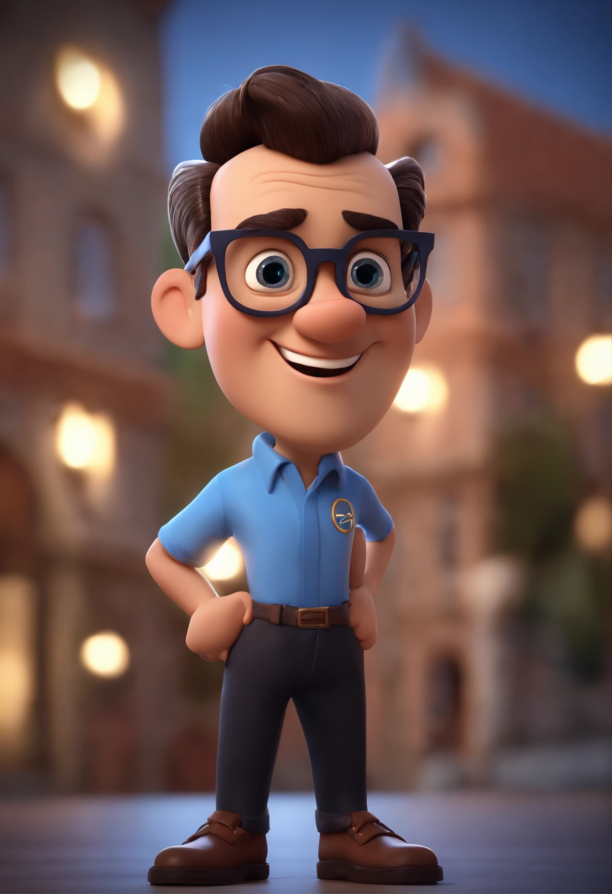 Cartoon character of a man wearing black glasses and a blue shirt, um personagem animado, Caractere estilizado, animation style rendering, 3D estilizado, Arnold Maya render, 3 d render stylized, toon render keyshot, Personagem 3D, Personagem 3D, 3d rendering stylized, 3 d character render, personagem de desenho animado, Personagem de close up, Pose de personagem, (Estilo Pixar) (master part:1.2) (Bokeh) (best quality) (pele detalhada) (textura detalhada) (8k) (argila) (Cinematic lighting) (foco nítido