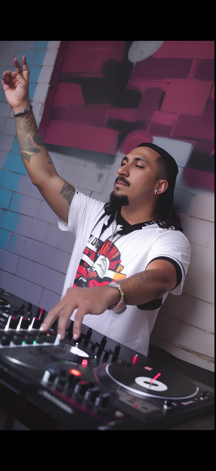 homem de camisa branca e fones de ouvido tocando um DJ, videoclipe, DJ em uma festa, DJ, Conjunto de DJ, DJING com toca-discos DJ, Turntablism DJ arranhando, Retrato de Lucha Libre DJ, still from a music video, imagem de perfil, DJ Sura, Imagem promocional, foto de perfil, Joel Torres, amen beats jungle party, artista desconhecido