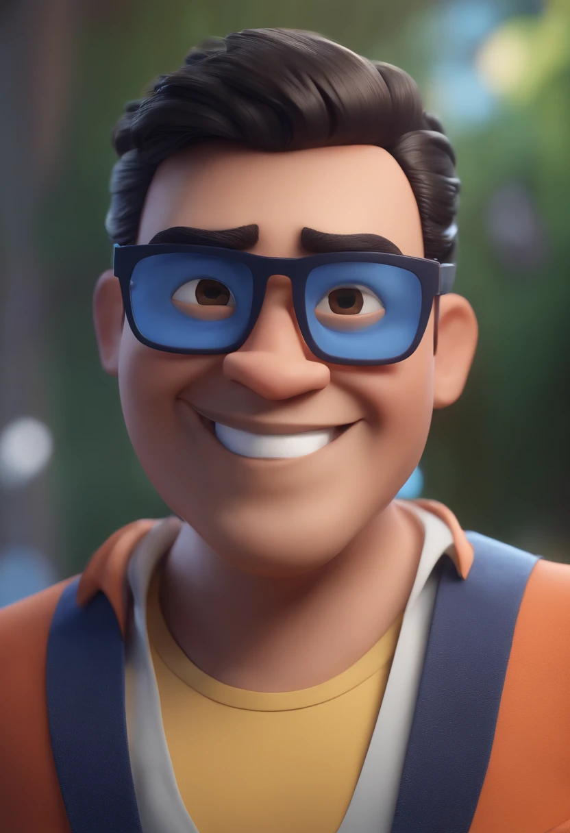 Cartoon character of a man wearing black glasses and a blue shirt, um personagem animado, Caractere estilizado, animation style rendering, 3D estilizado, Arnold Maya render, 3 d render stylized, toon render keyshot, Personagem 3D, Personagem 3D, 3d rendering stylized, 3 d character render, personagem de desenho animado, Personagem de close up, Pose de personagem, (Estilo Pixar) (master part:1.2) (Bokeh) (best quality) (pele detalhada) (textura detalhada) (8k) (argila) (Cinematic lighting) (foco nítido,Senta e vaza a parte superior do corpo