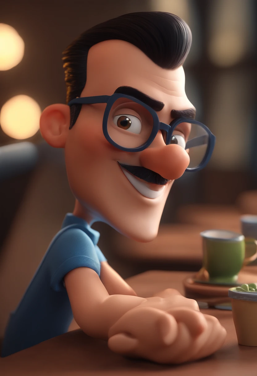 Cartoon character of a man with black glasses and a blue shirt, animation character, Caractere estilizado, animation style rendering, 3D estilizado, Arnold Maya render, 3 d render stylized, toon render keyshot, Personagem 3D, Personagem 3D, 3d rendering stylized, 3 d character render, personagem de desenho animado, Personagem de close up, Pose de personagem, (Estilo Pixar) (master part:1.2) (Bokeh) (best quality) (pele detalhada) (textura detalhada) (8k) (argila) (Cinematic lighting) (foco nítido