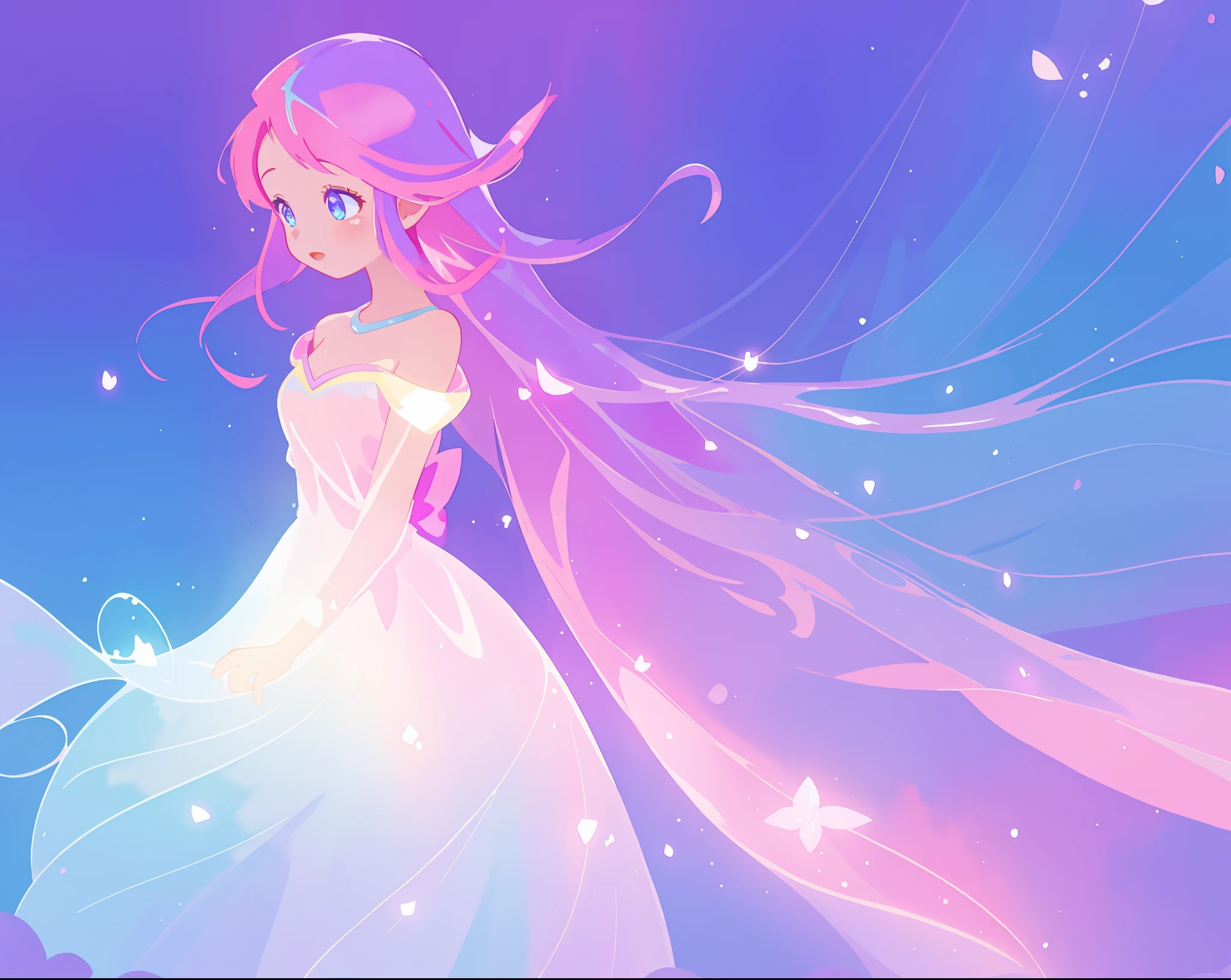 beautiful girl in colorful sparkling flowing ballgown, long flowing purple pink hair, colorful sparkling lights, flowing liquid theme, colorful fantasia background, watercolor illustration, disney art style, glowing aura around her, glowing lights, beautiful digital illustration, fantasia otherworldly landscape plants flowers, beautiful, masterpiece, best quality, anime disney style