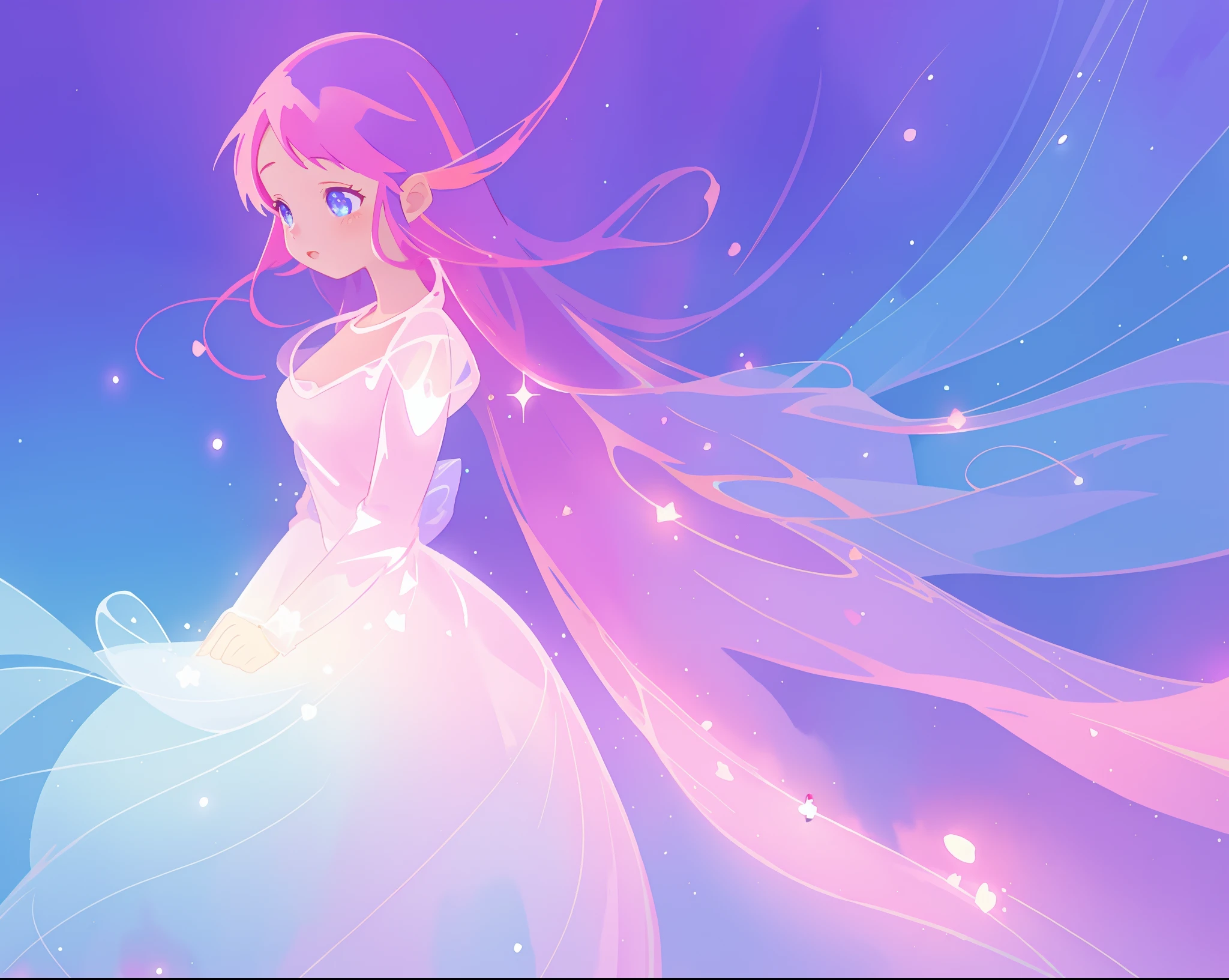 beautiful girl in colorful sparkling flowing ballgown, long flowing purple pink hair, colorful sparkling lights, flowing liquid theme, colorful fantasia background, watercolor illustration, disney art style, glowing aura around her, glowing lights, beautiful digital illustration, fantasia otherworldly landscape plants flowers, beautiful, masterpiece, best quality, anime disney style