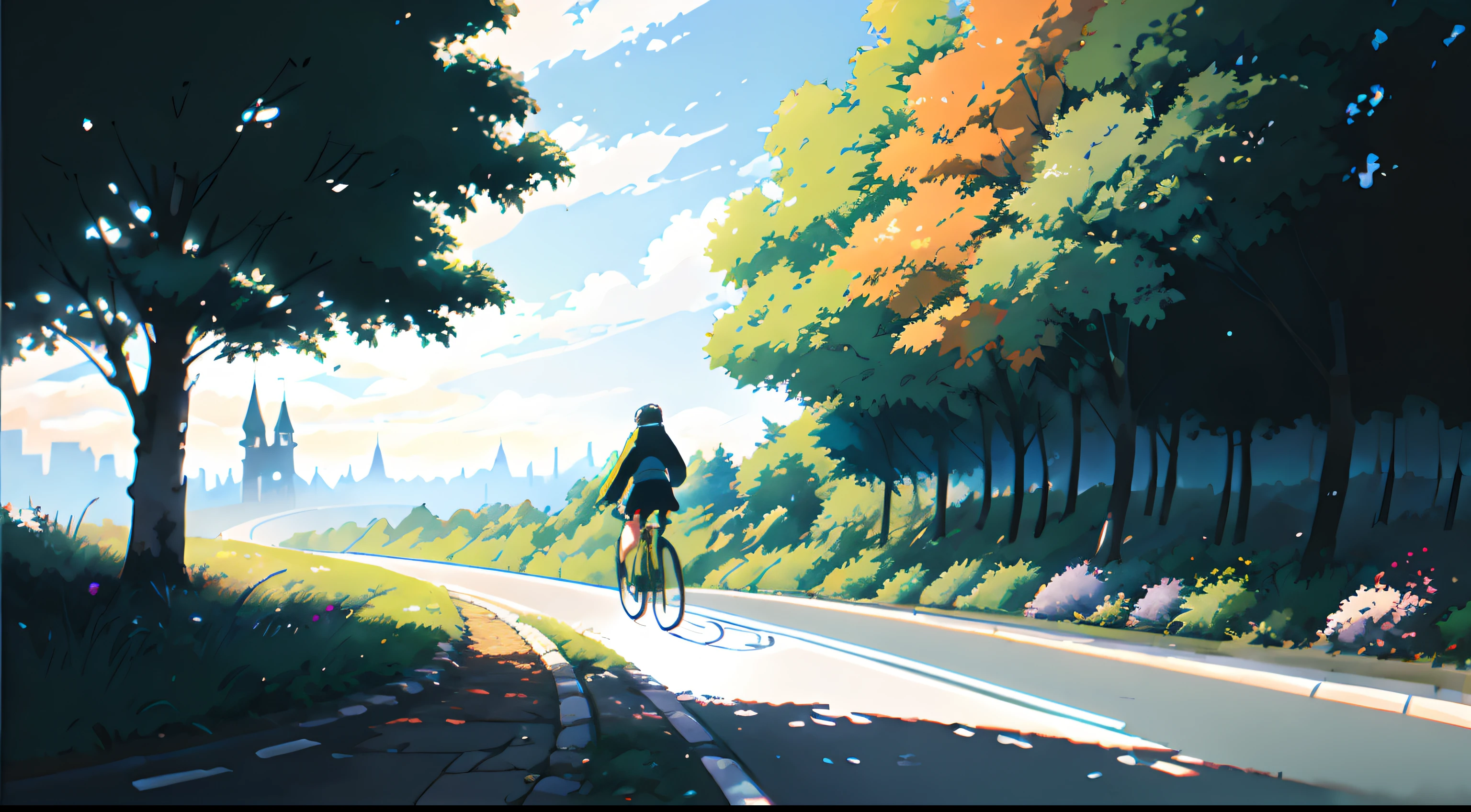 (cycliste seul: 1.5), (Vélo réaliste: 1.5), (cycliste réaliste: 1.5), Plan en gros plan, Le meilleur des meilleurs, automne, Nuit, ciel sombre, feuilles d’oranger, Feuilles qui tombent, Arrière-plan paysager, ombres, contraste, Makoto Shinkai (Meilleure qualité:1.3), (Haute résolution:1) Art par Studio Ghibli Style, impressionnisme, couleurs vibrantes