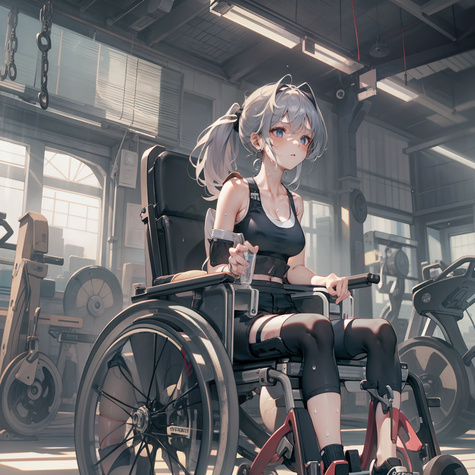 Girl in rehab in gym、wheelchair、Cast on the foot、(Sportsbra、Black shorts、Mass sweat)、8K、Real texture、Beautiful style、Anime-like faces