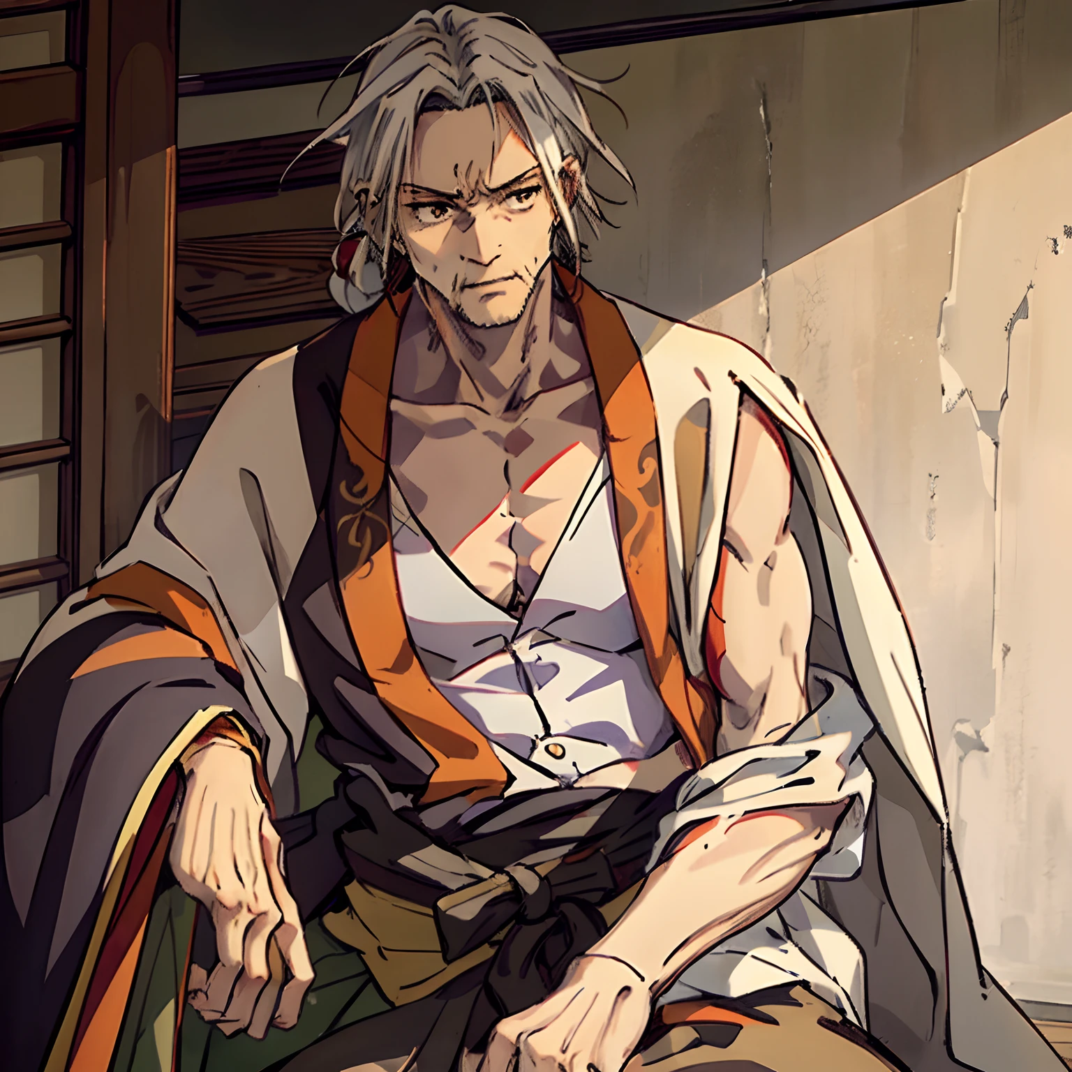 strong old man, skinny, thin, light weight, laying on his shoulder outside a Japanese style home, home is in the badlands of a mesa, old man is wearing an open kimono robe with a white cloak around his shoulders, elderly but muscular, surrounded by ale, orange and red checkered robe kimono, long white beard, spotty white hair