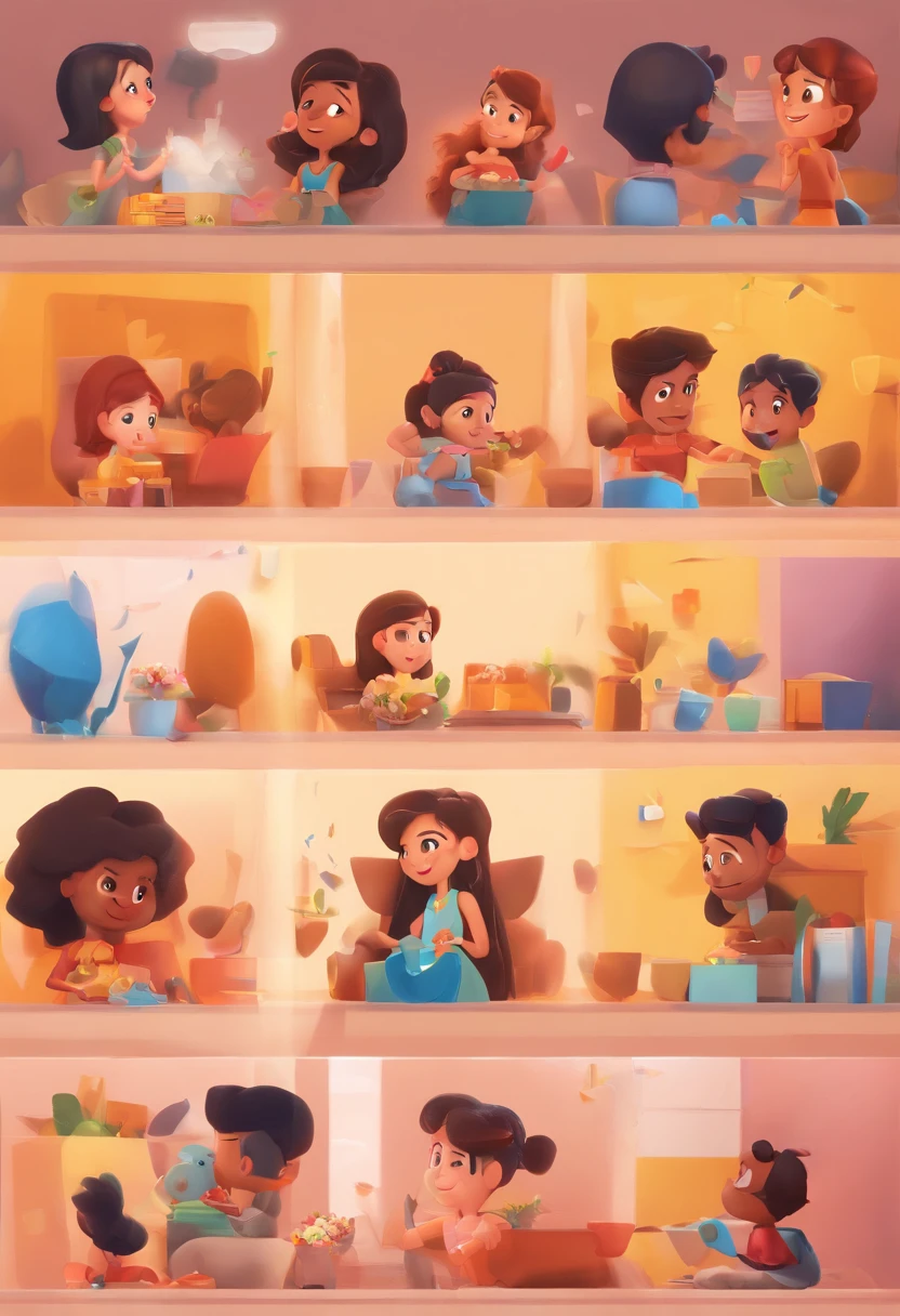 An illustration of an adorable couple, destacando um homem e uma mulher com bonito, Expressive eyes – the man's skin is black and the man's hair is bald and black, while the woman's skin is black and the woman's hair is curly and brown. They are a bright room, cada um com um sorriso no rosto, e compartilhar um momento especial caracterizado pelo amor, arroz, e insights educacionais. Illustrate this scene from a perspective where they are facing away from the camera, Showing Your Connection. Desenvolva esta arte em Full HD, Focus on your cinematic touch, Estilo Disney Pixar Animations